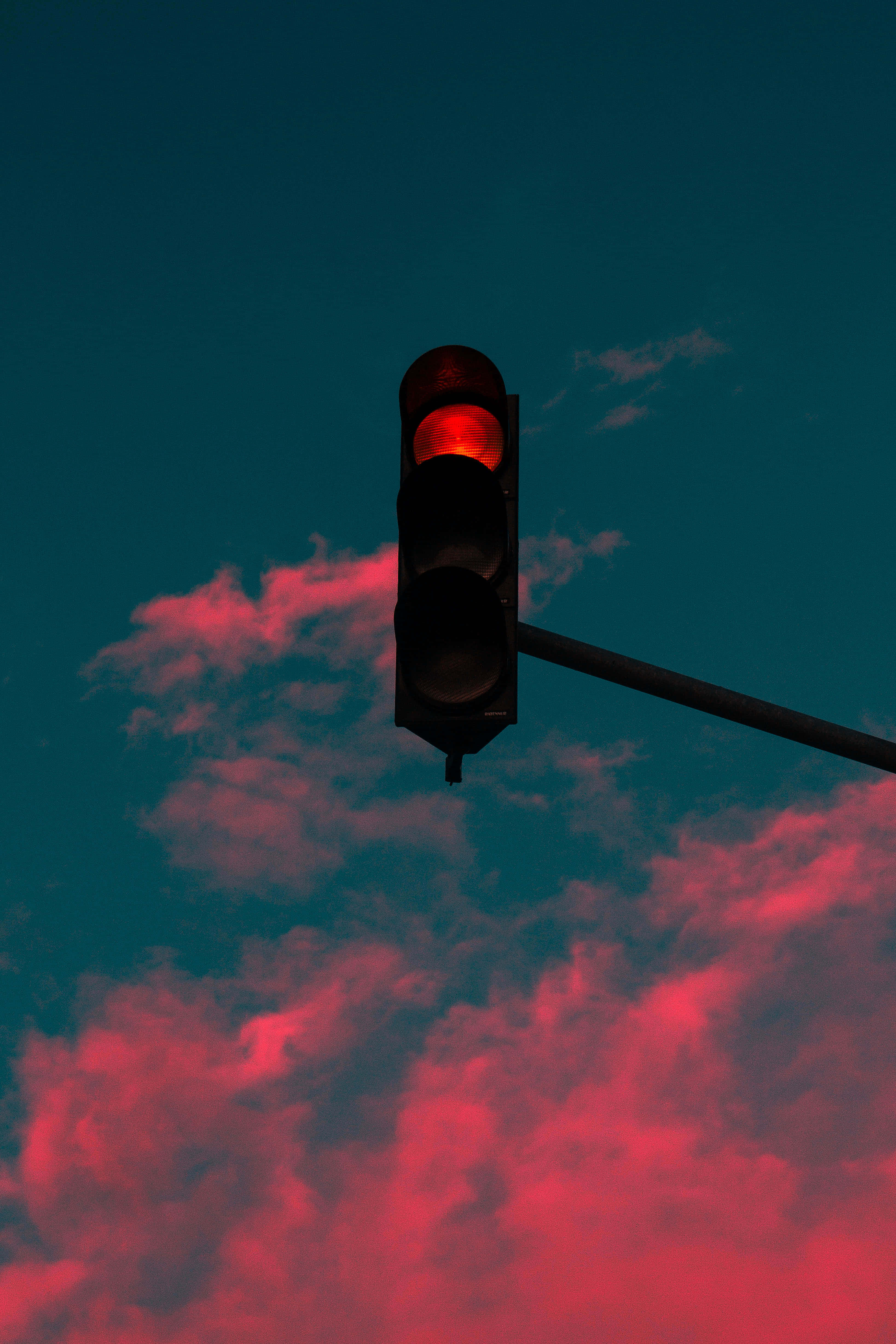 red traffic light, teal, fiery pink clouds, 4K Phone Wallpaper