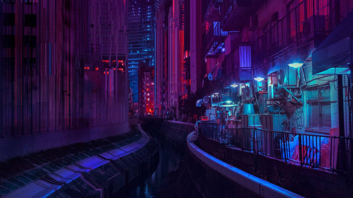neon-drenched urban alleyway, glowing red and blue lights, wet pavement, SD Desktop Wallpaper