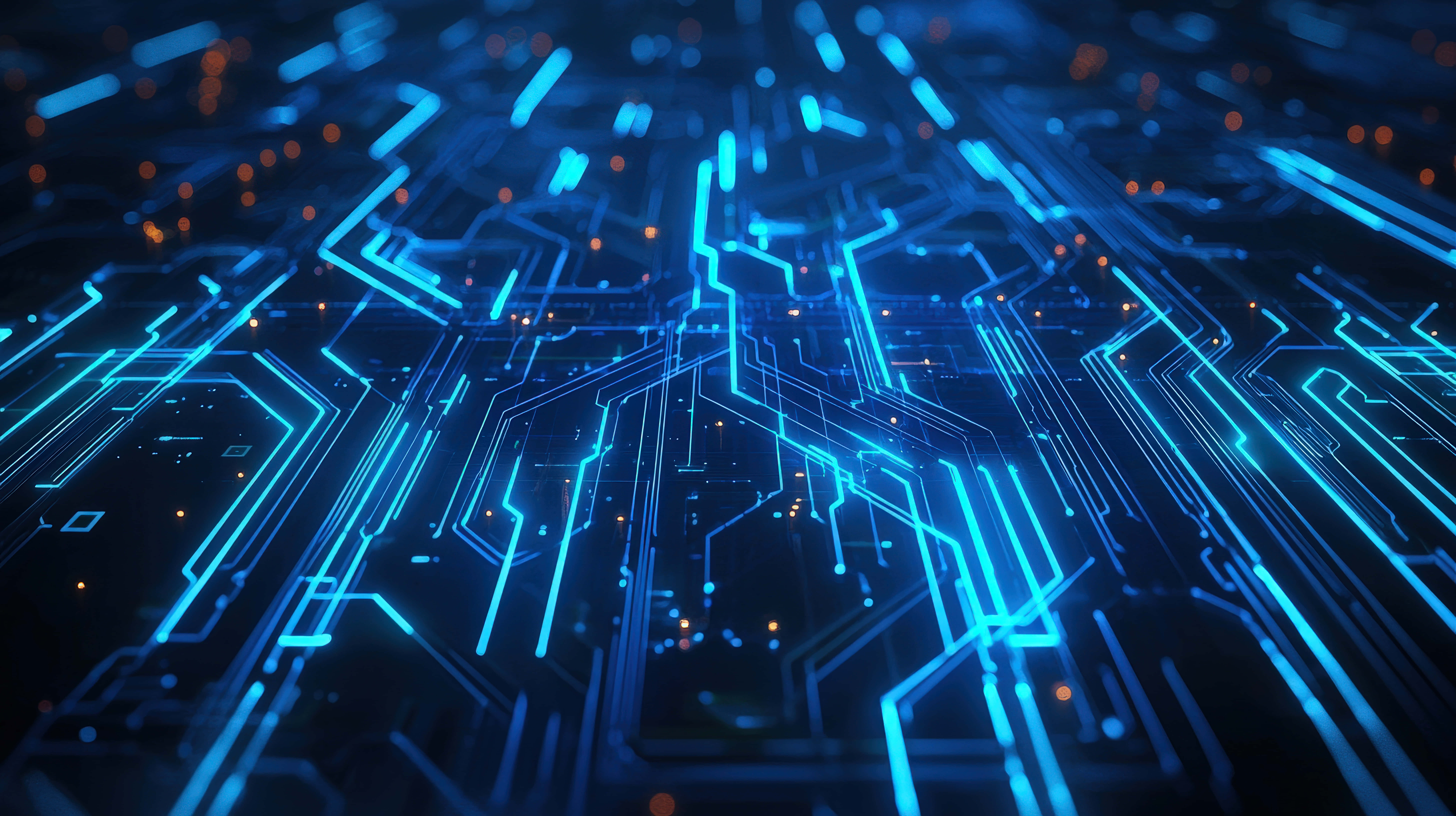 glowing blue neon lines, scattered orange dots, dark surface, 8K Desktop Wallpaper