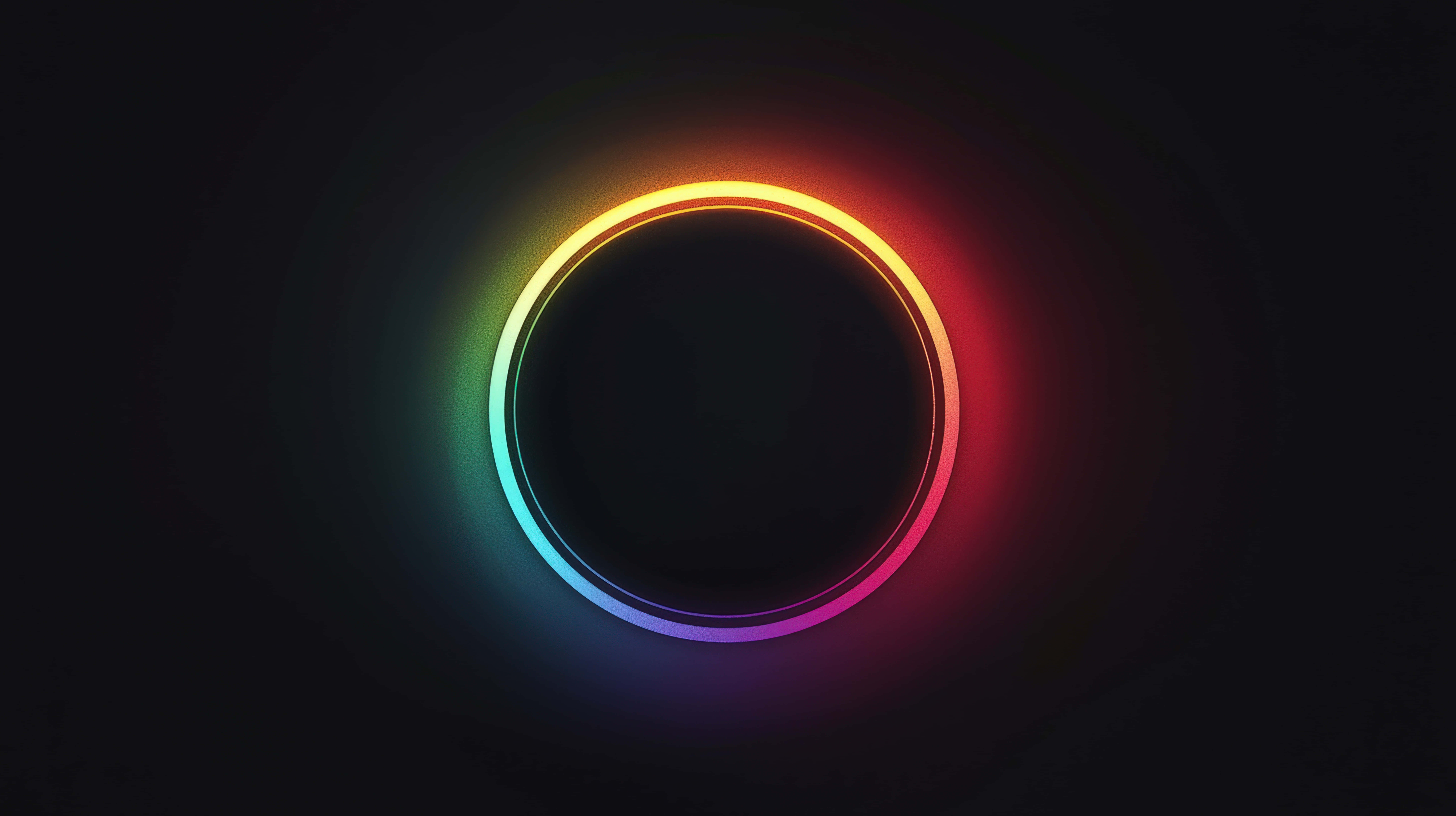 glowing neon circular ring, dark background, vibrant rainbow colors, 8K Desktop Wallpaper