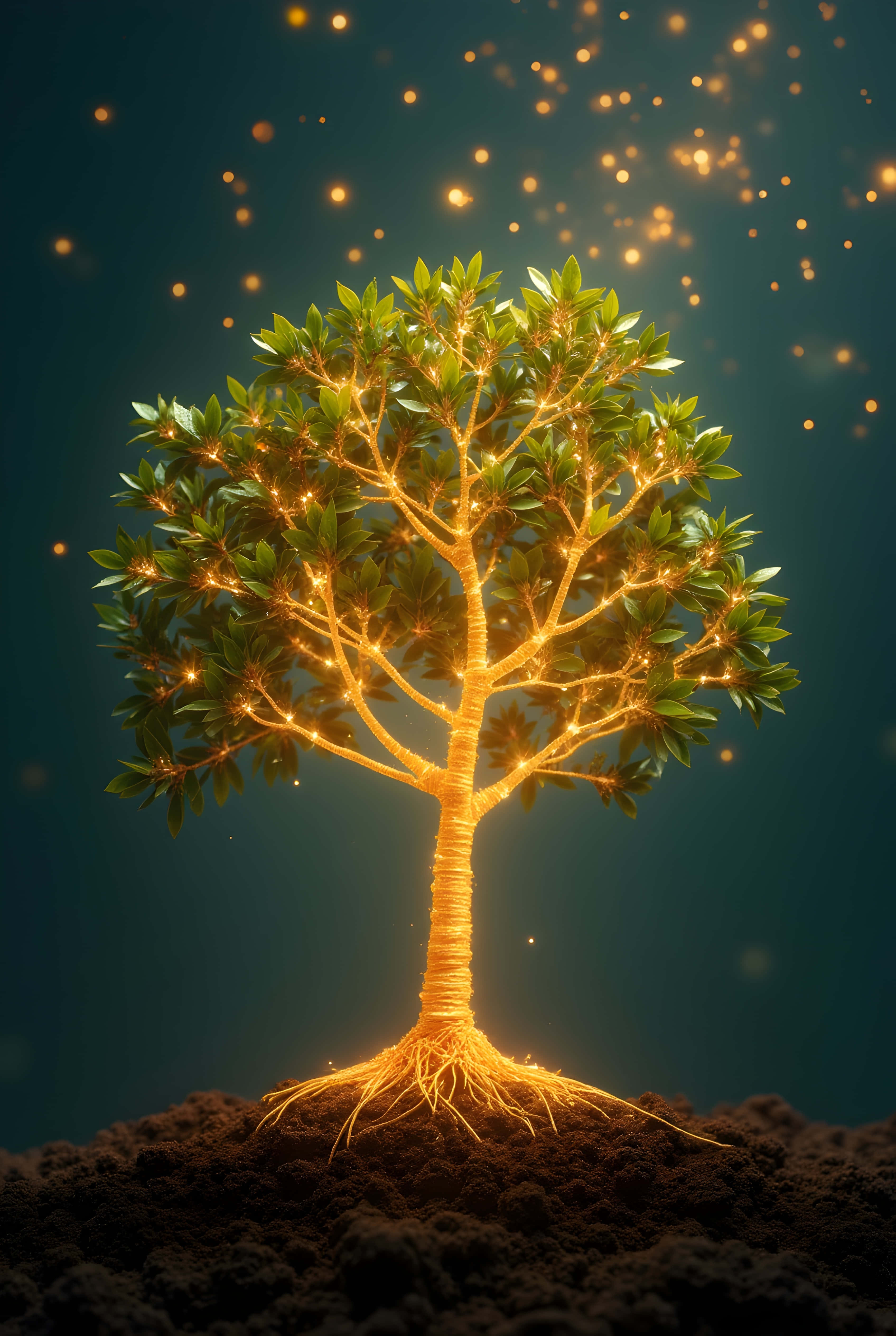 luminous golden roots, glowing golden tree, rich soil, 4K Phone Wallpaper