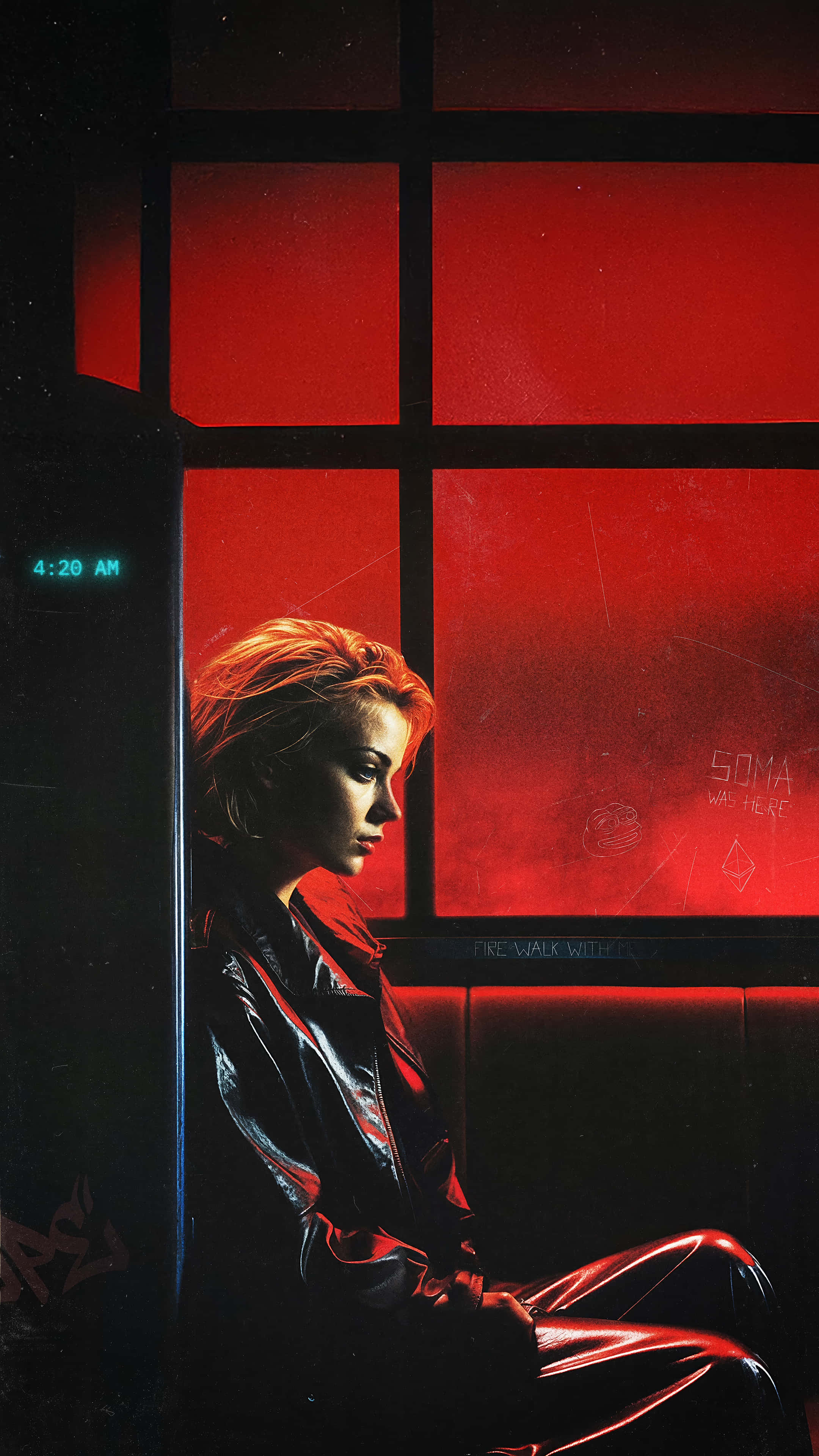4:20 AM, red light, shiny black leather outfit, 4K Phone Wallpaper