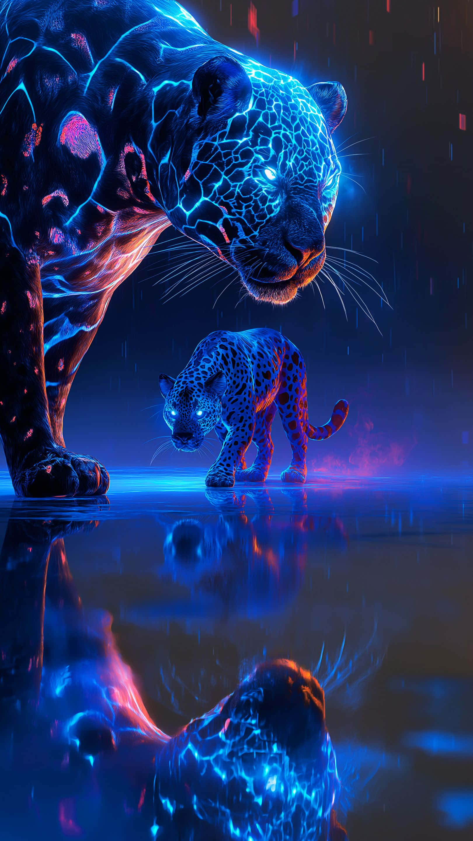 neon blue jaguar, glowing neon blue jaguar, rain soaked water, 2K Phone Wallpaper