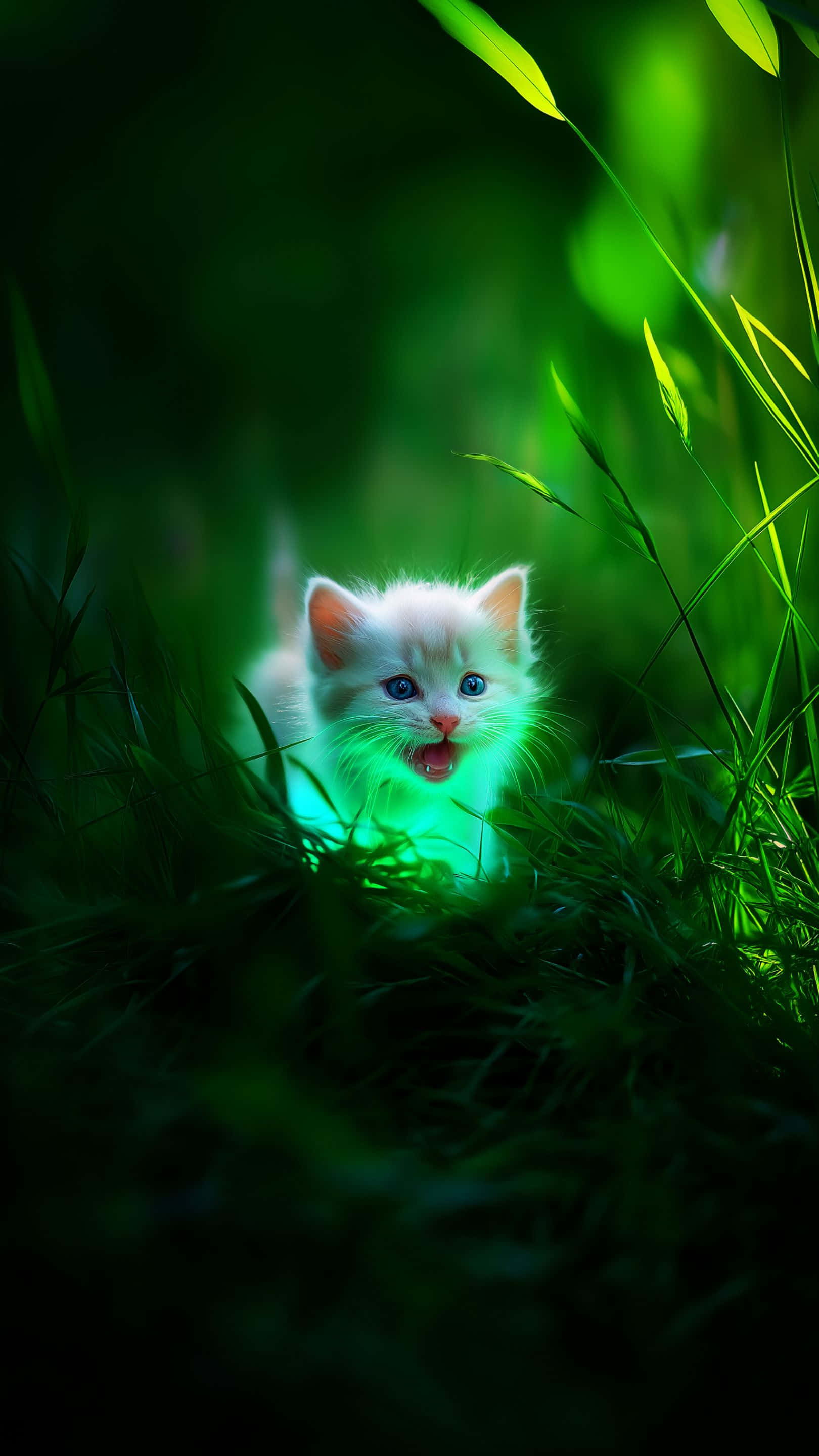 radiant white kitten, glowing green aura, magical emerald forest, 2K Phone Wallpaper