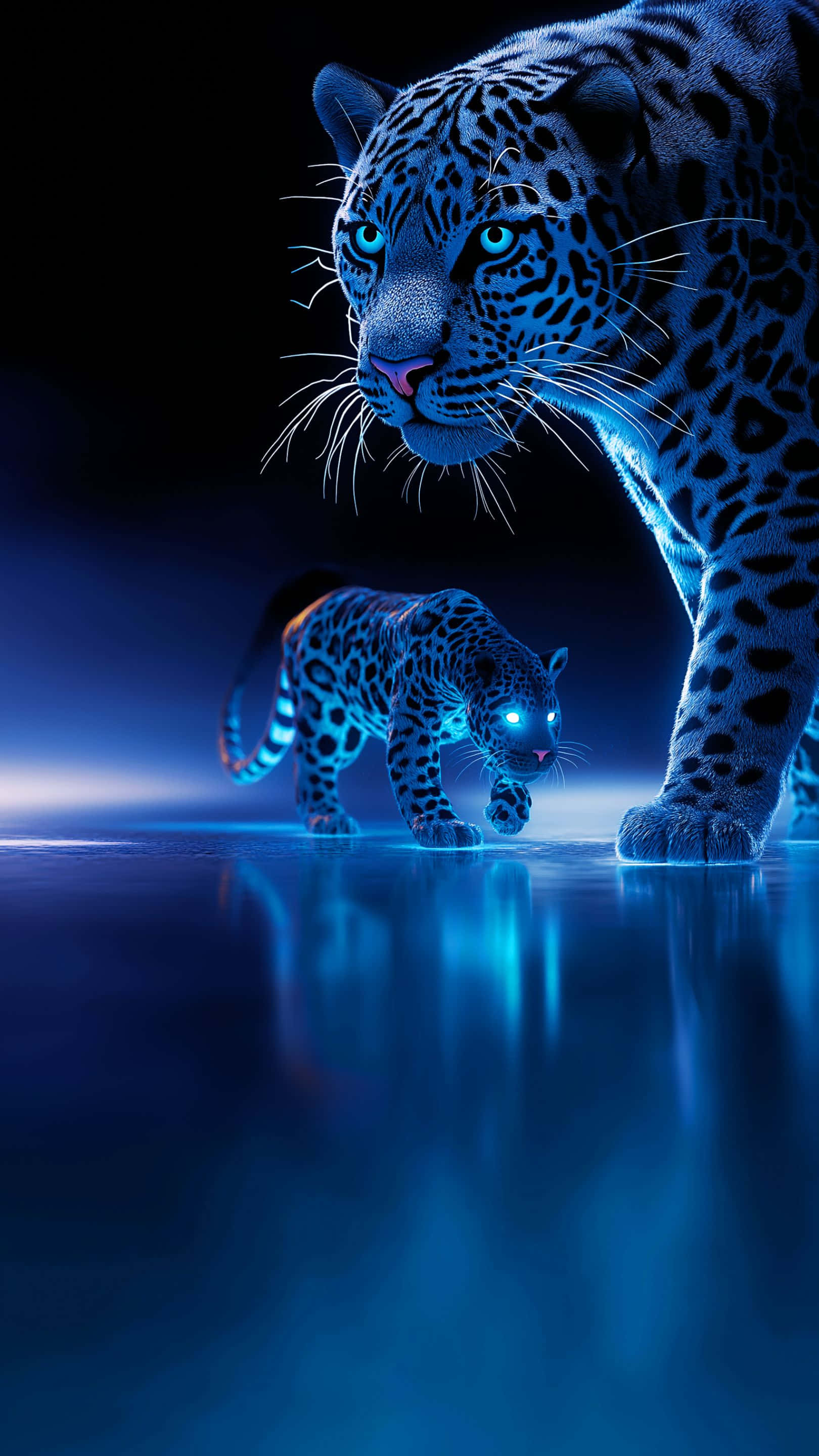 neon blue jaguar, glowing eyes, mystical dark realm, 2K Phone Wallpaper