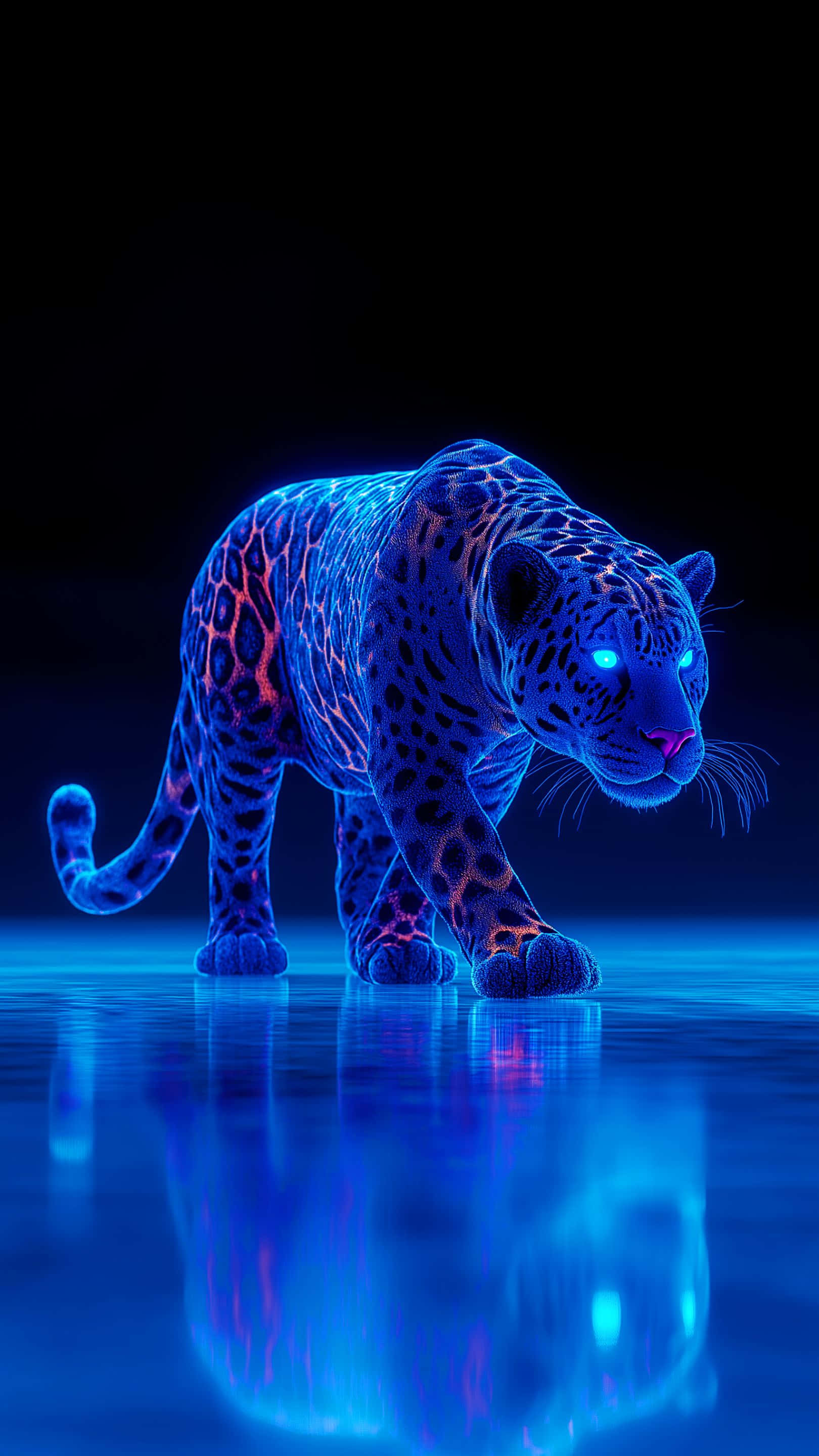 glowing blue jaguar, electric patterns, reflective surface, 2K Phone Wallpaper
