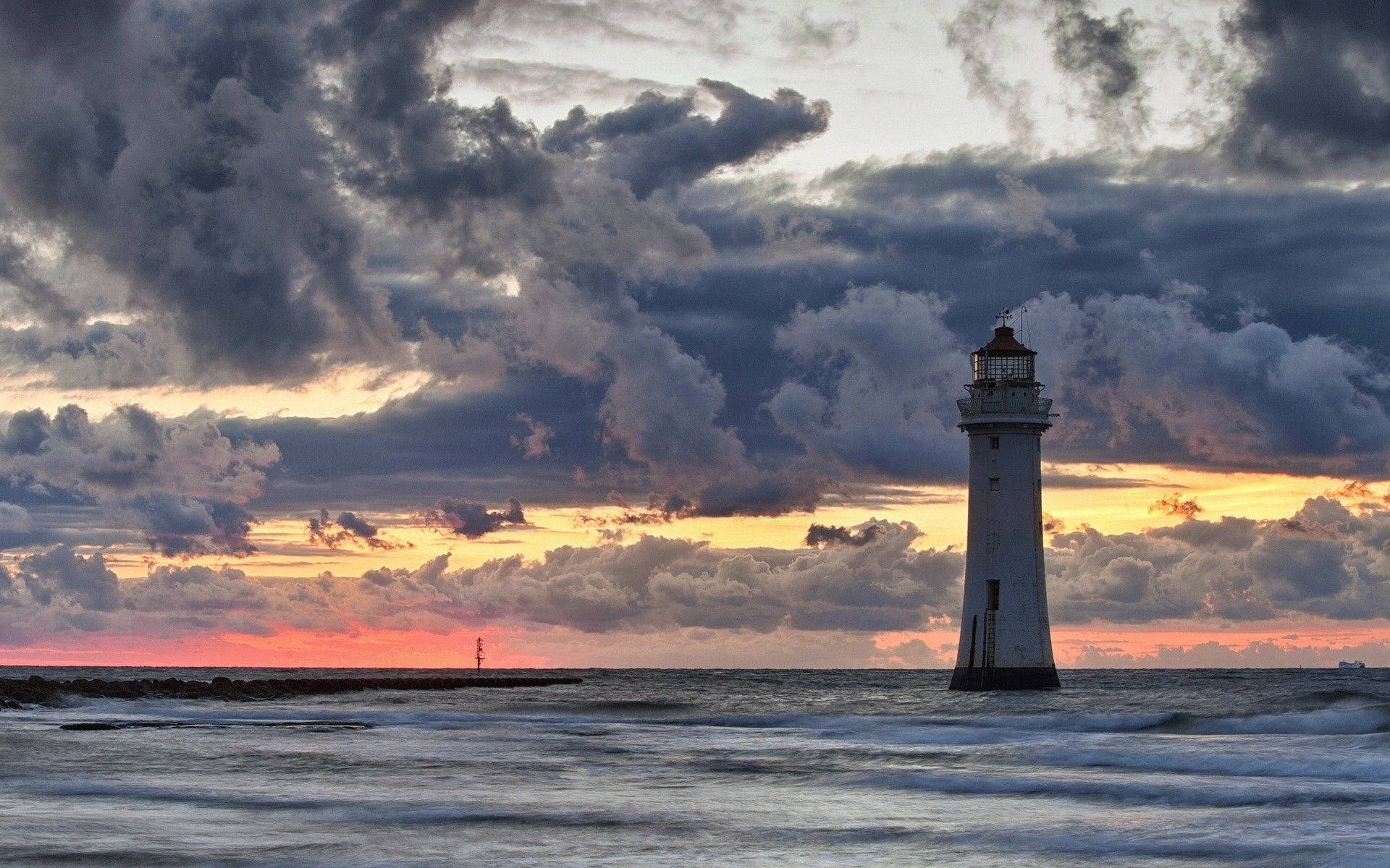 Lighthouse, cloudy sunset, ocean, Full HD Desktop Wallpaper
