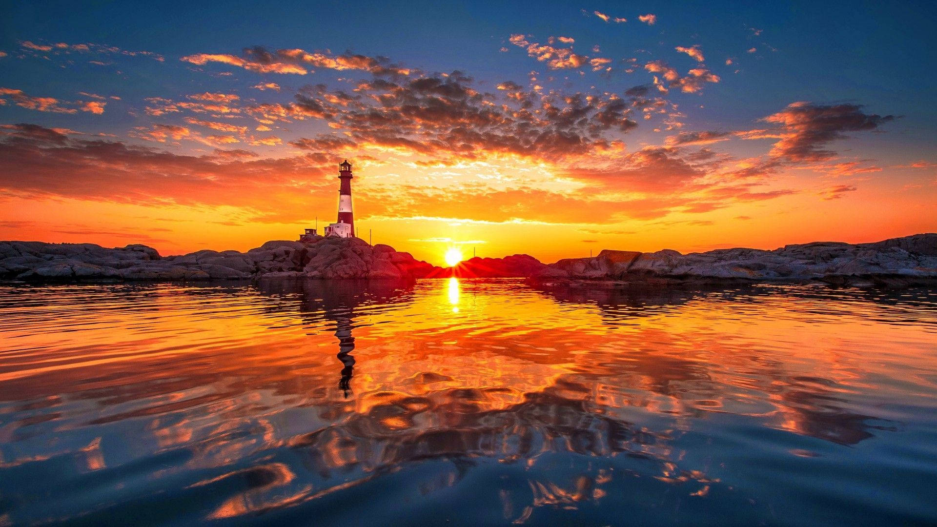 lighthouse, rocky shores, sunset, Full HD Desktop Wallpaper