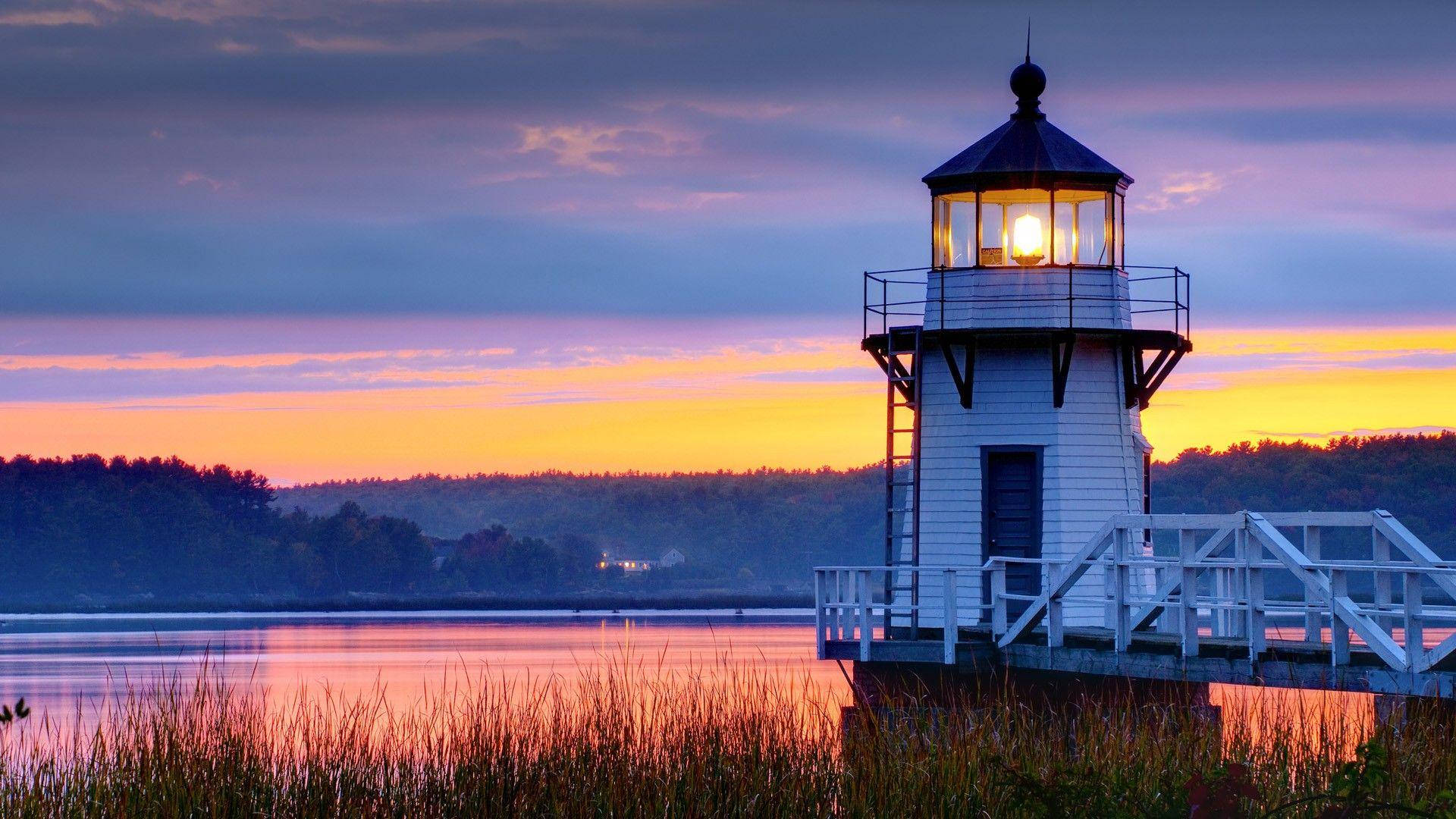 small sunset lighthouse, glowing white lighthouse, wooden pier, Full HD Desktop Wallpaper