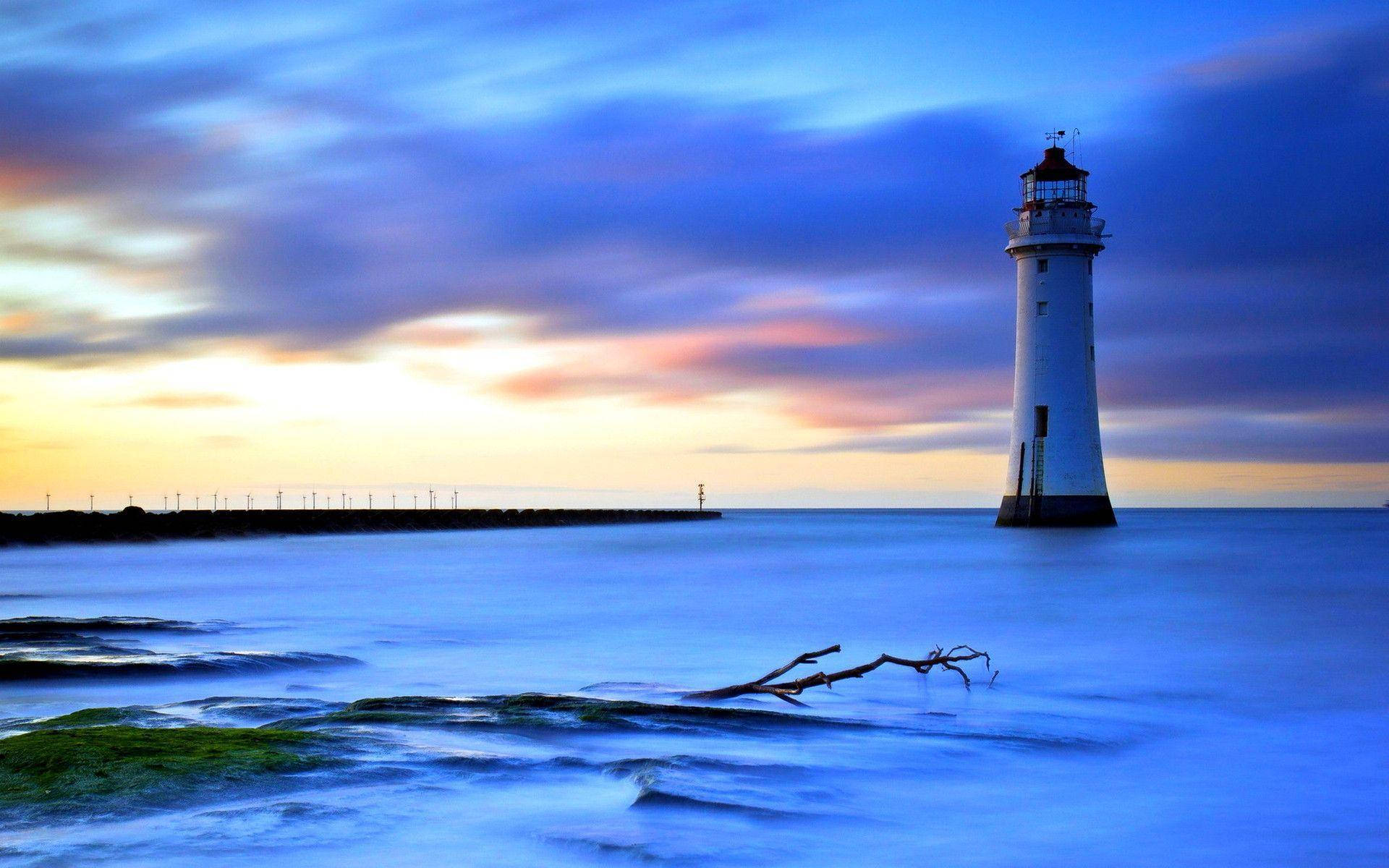 Fogged Lighthouse, lighthouse, calm blue waters, Full HD Desktop Wallpaper