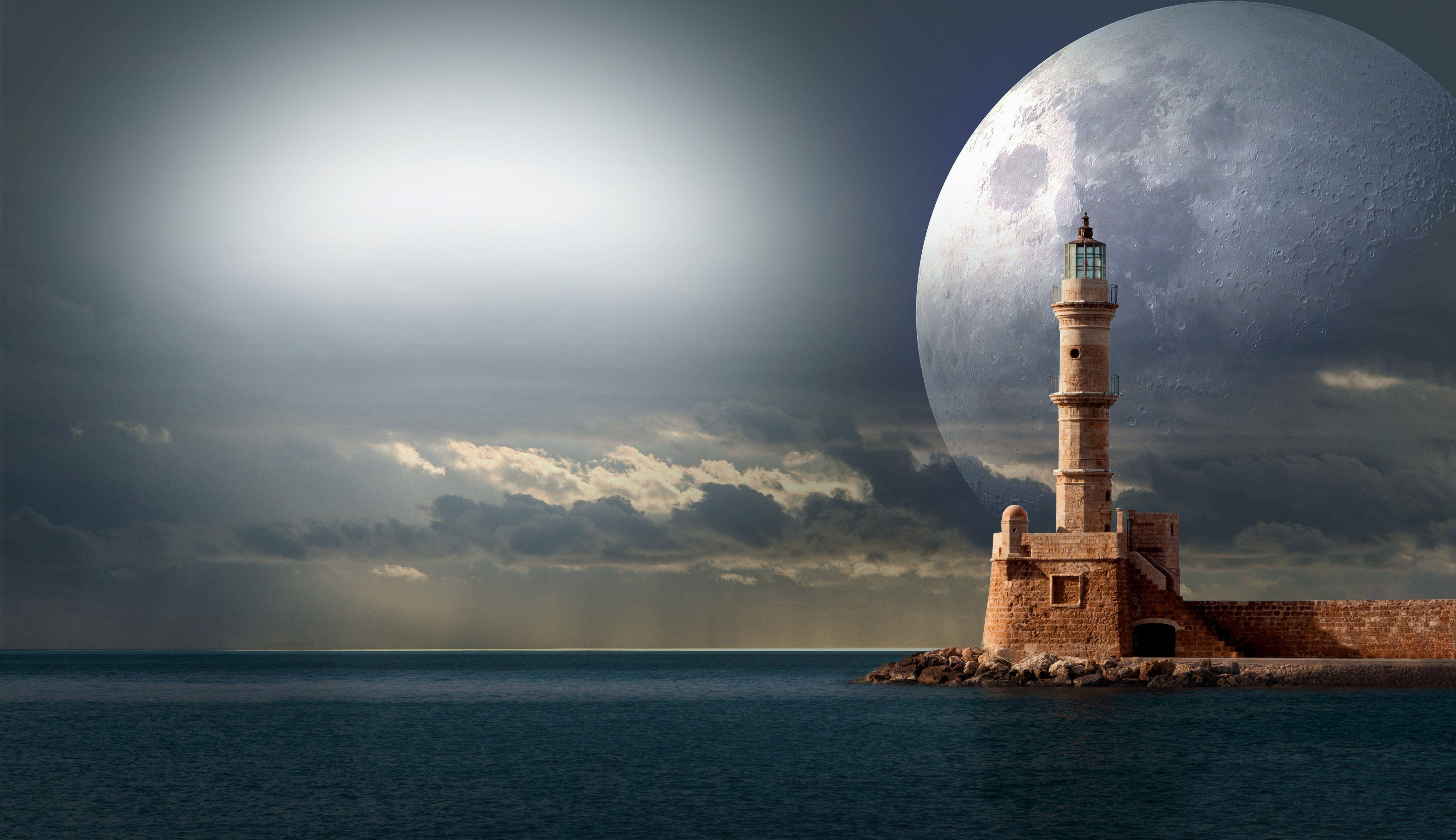 Fantasy Lighthouse, stone lighthouse, rocky island, 5K Desktop Wallpaper