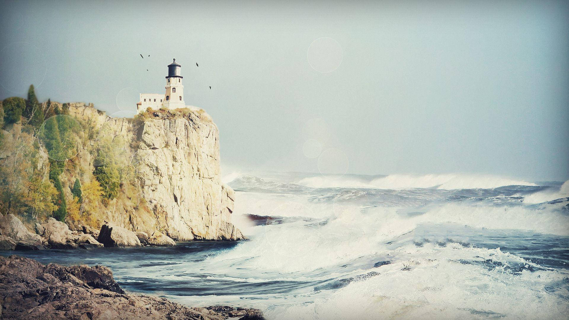 vintage lighthouse, white lighthouse, rugged cliff, Full HD Desktop Wallpaper