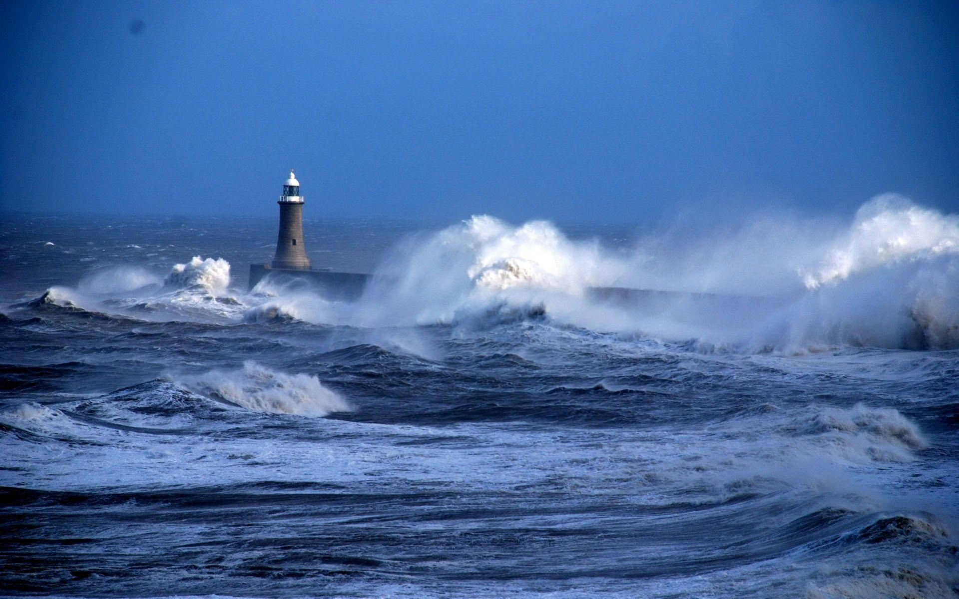 lighthouse, waves, ocean waves, Full HD Desktop Wallpaper