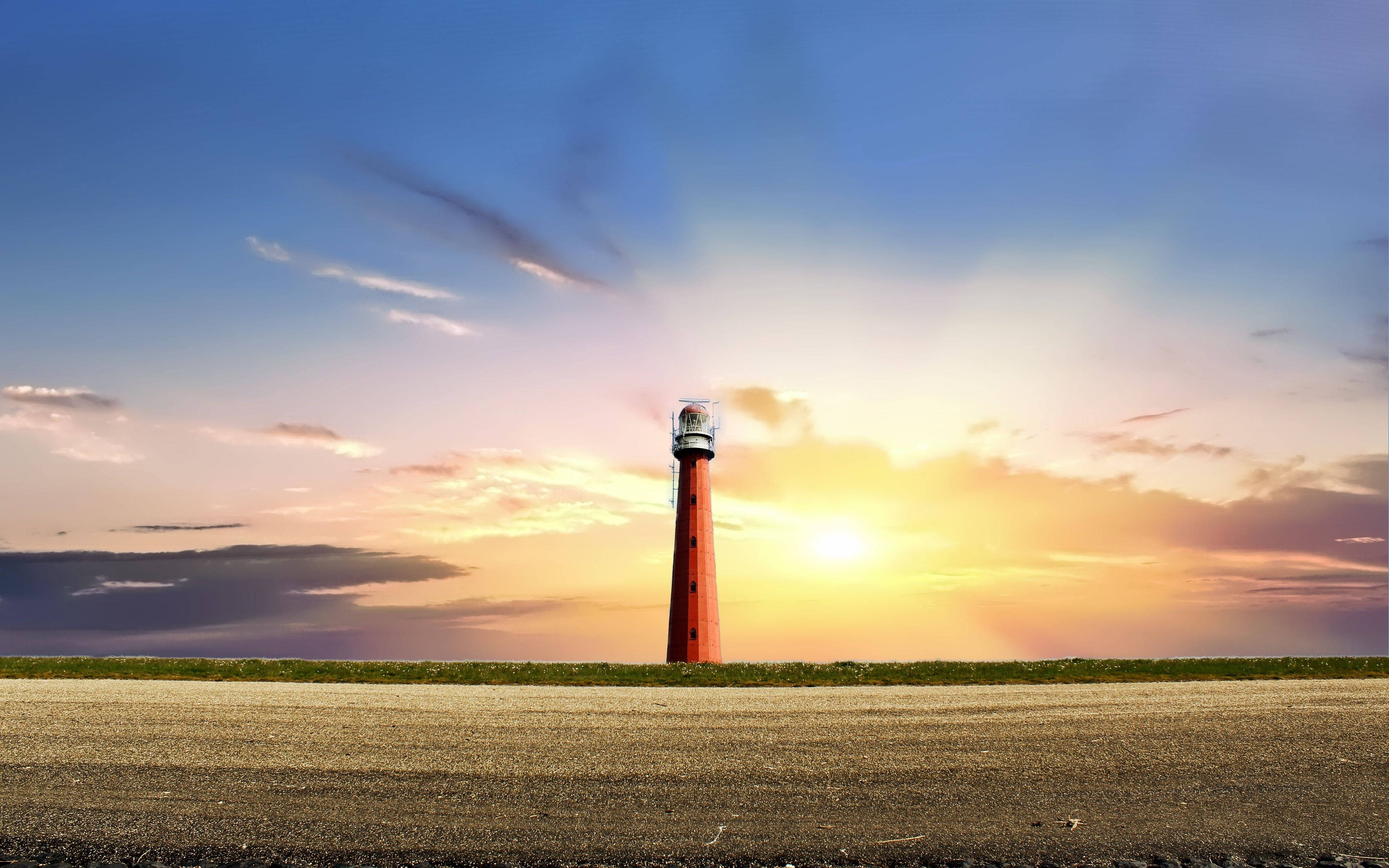 Sunrise Lighthouse, red lighthouse, flat shore, 4K Desktop Wallpaper