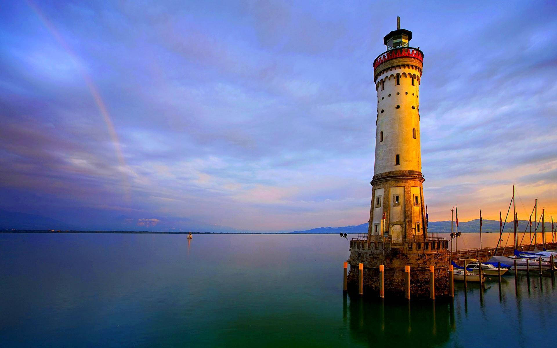 Gentle Sunset Lighthouse, historic lighthouse, pier, Full HD Desktop Wallpaper