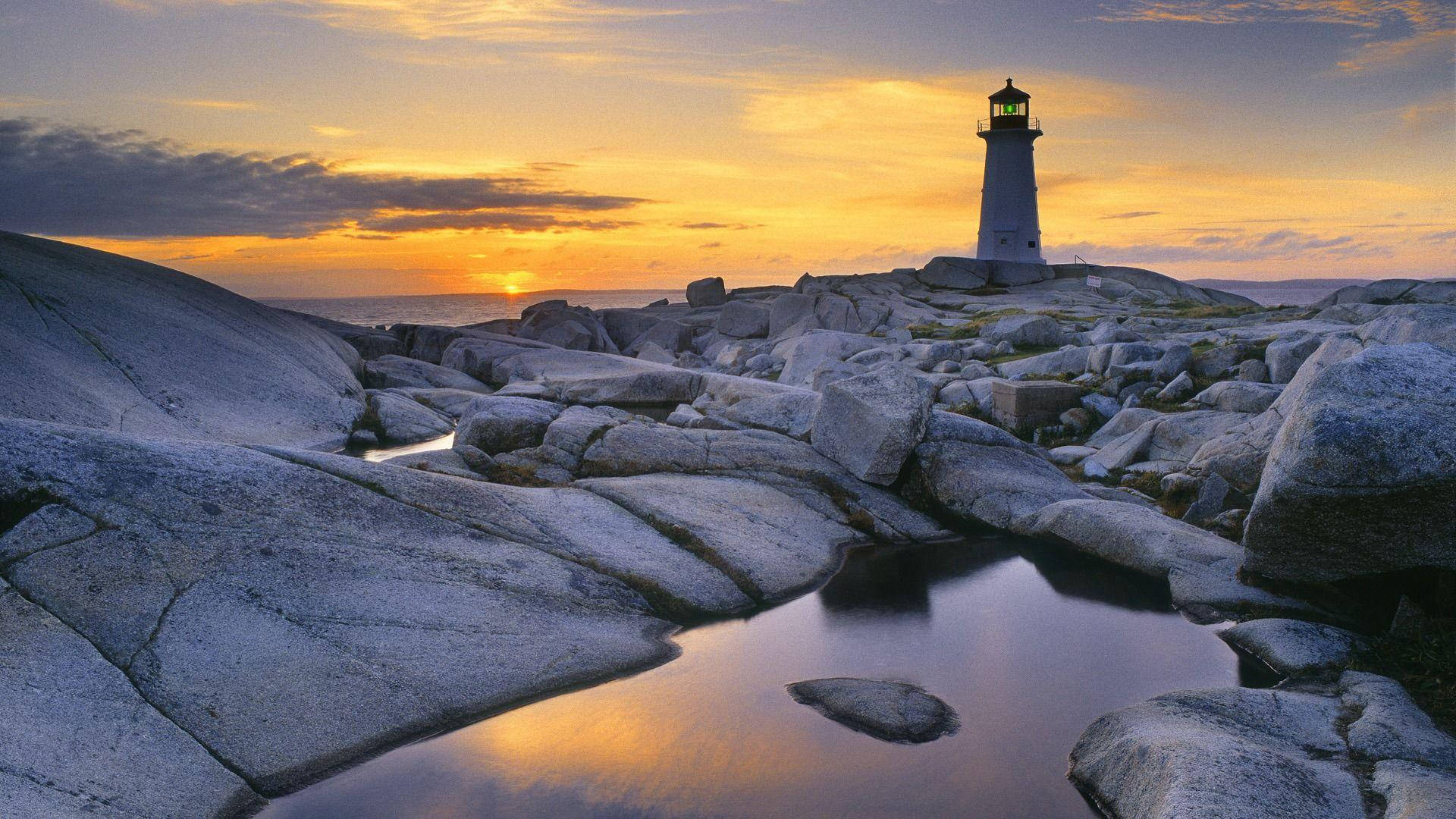 Lighthouse, shoreline, sunset, Full HD Desktop Wallpaper
