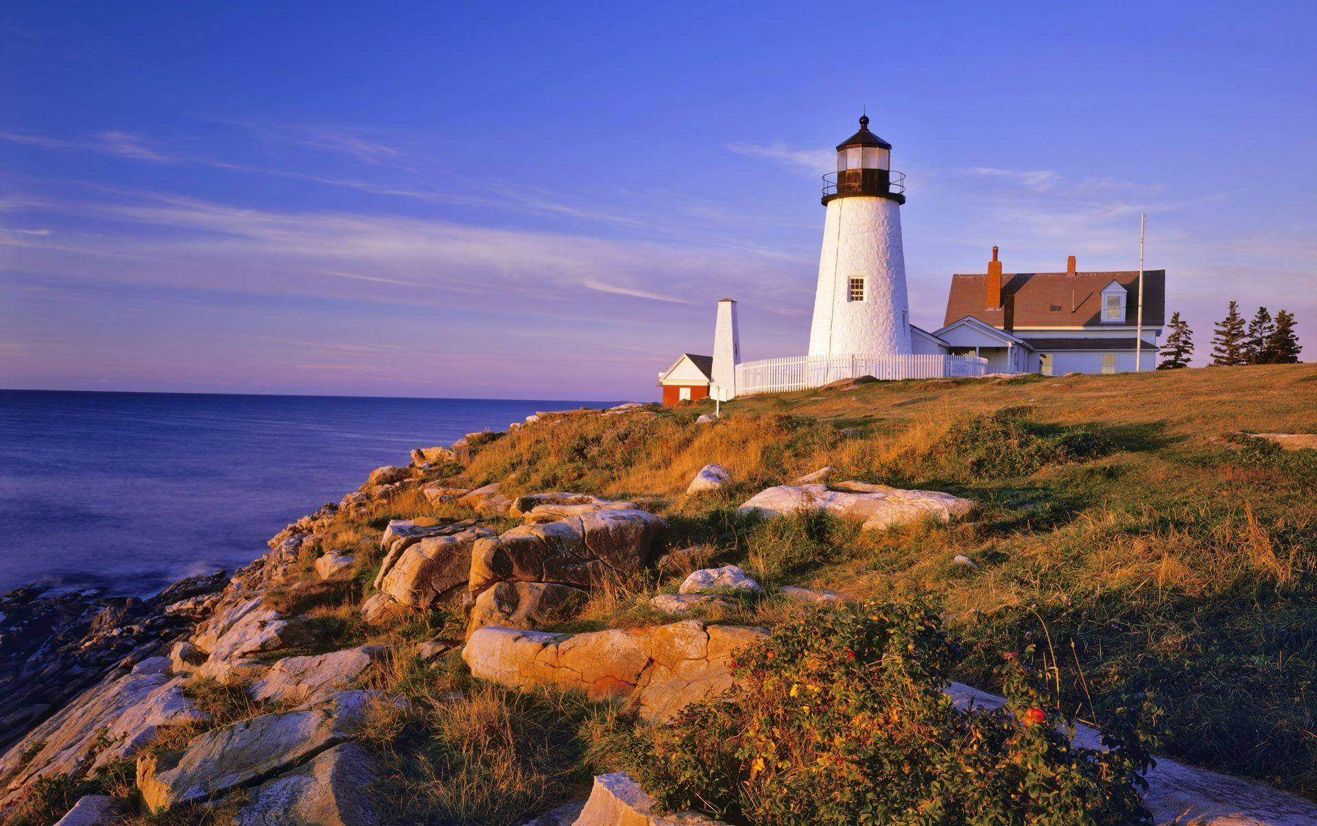 lighthouse, rocky cliff, ocean, Full HD Desktop Wallpaper