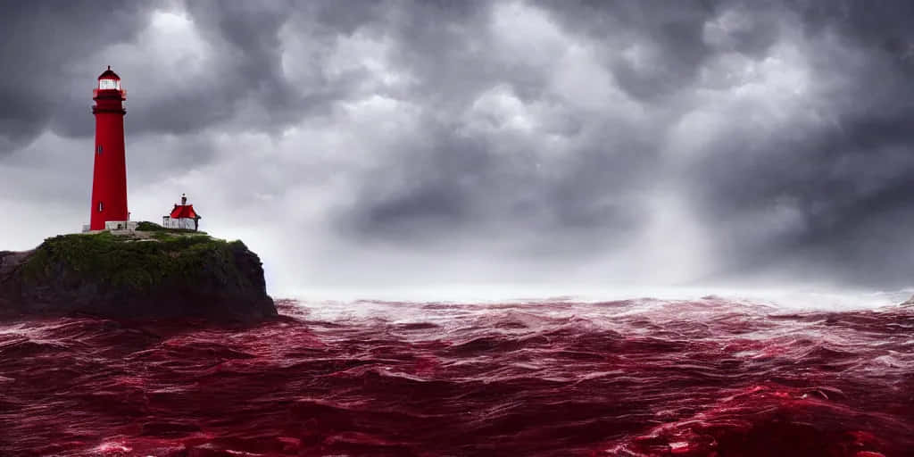 Tumultuous Red Sea, red lighthouse, rocky cliff, SD Desktop Wallpaper