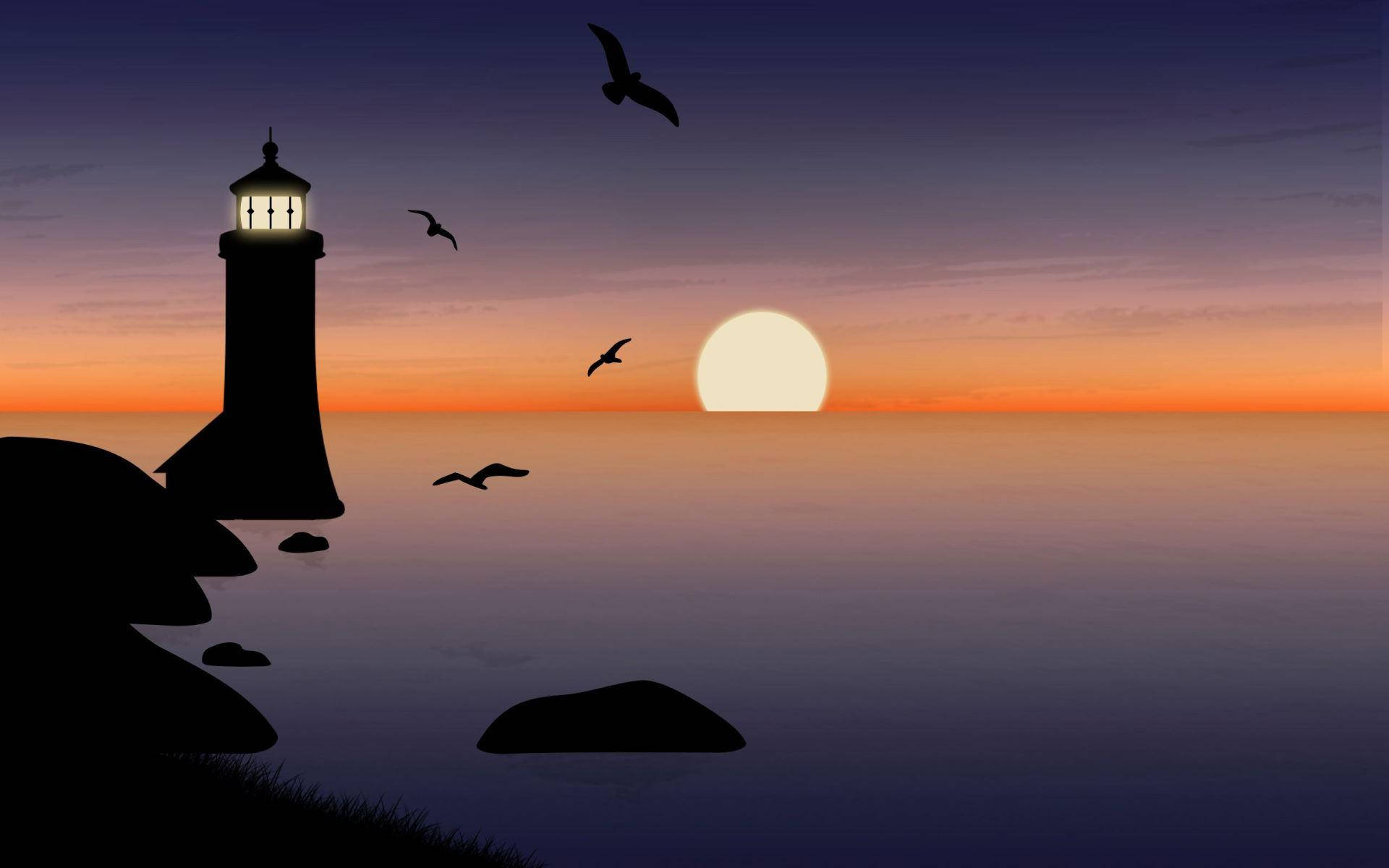 Lighthouse, rocky shores, seagulls, Full HD Desktop Wallpaper