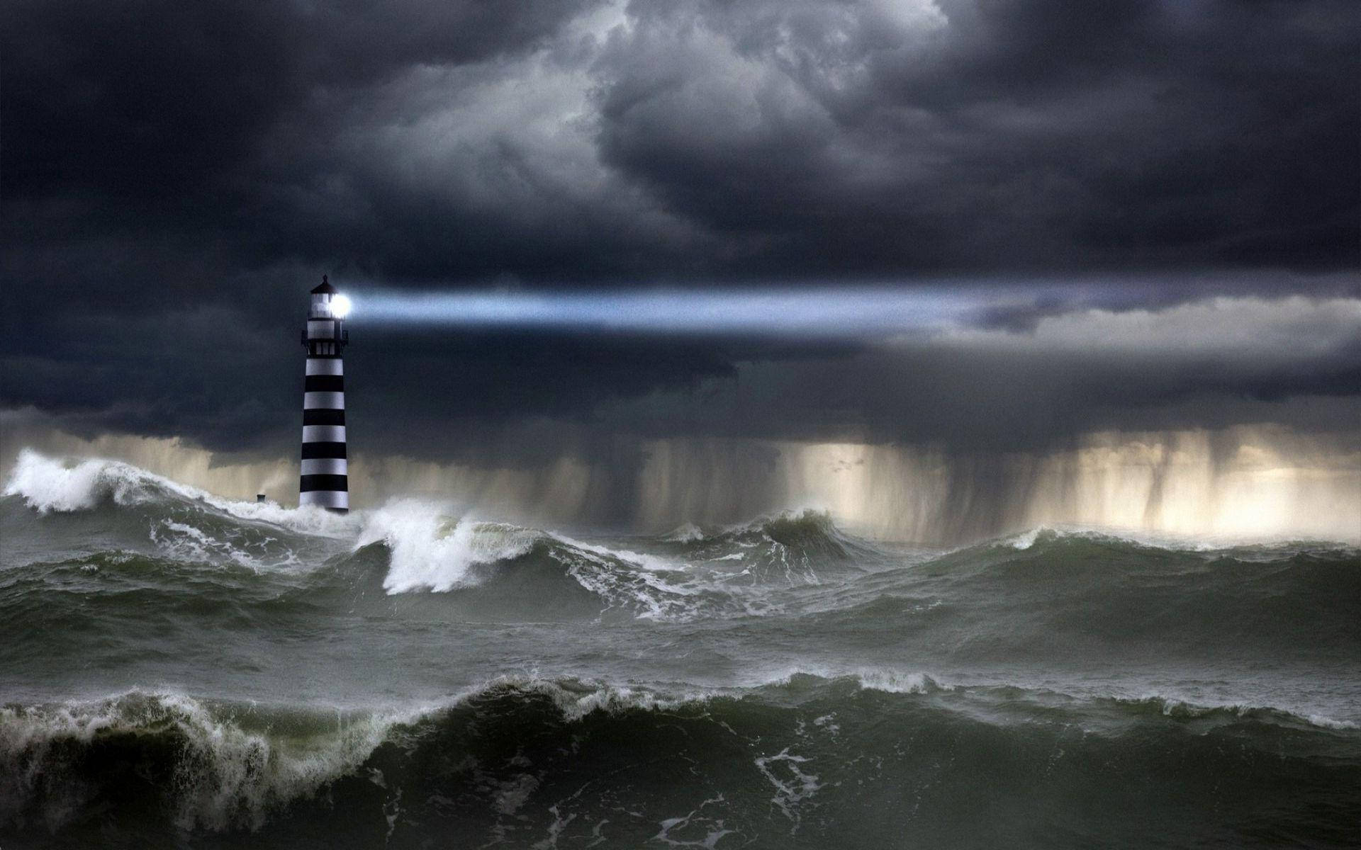 Lighthouse, Stormy Waters, Striped lighthouse, Full HD Desktop Wallpaper