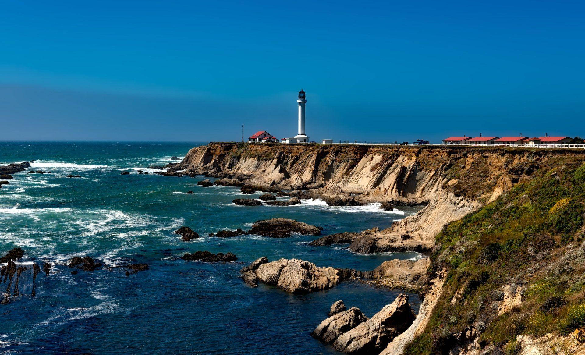cliff side lighthouse, white lighthouse, turquoise ocean, Full HD Desktop Wallpaper