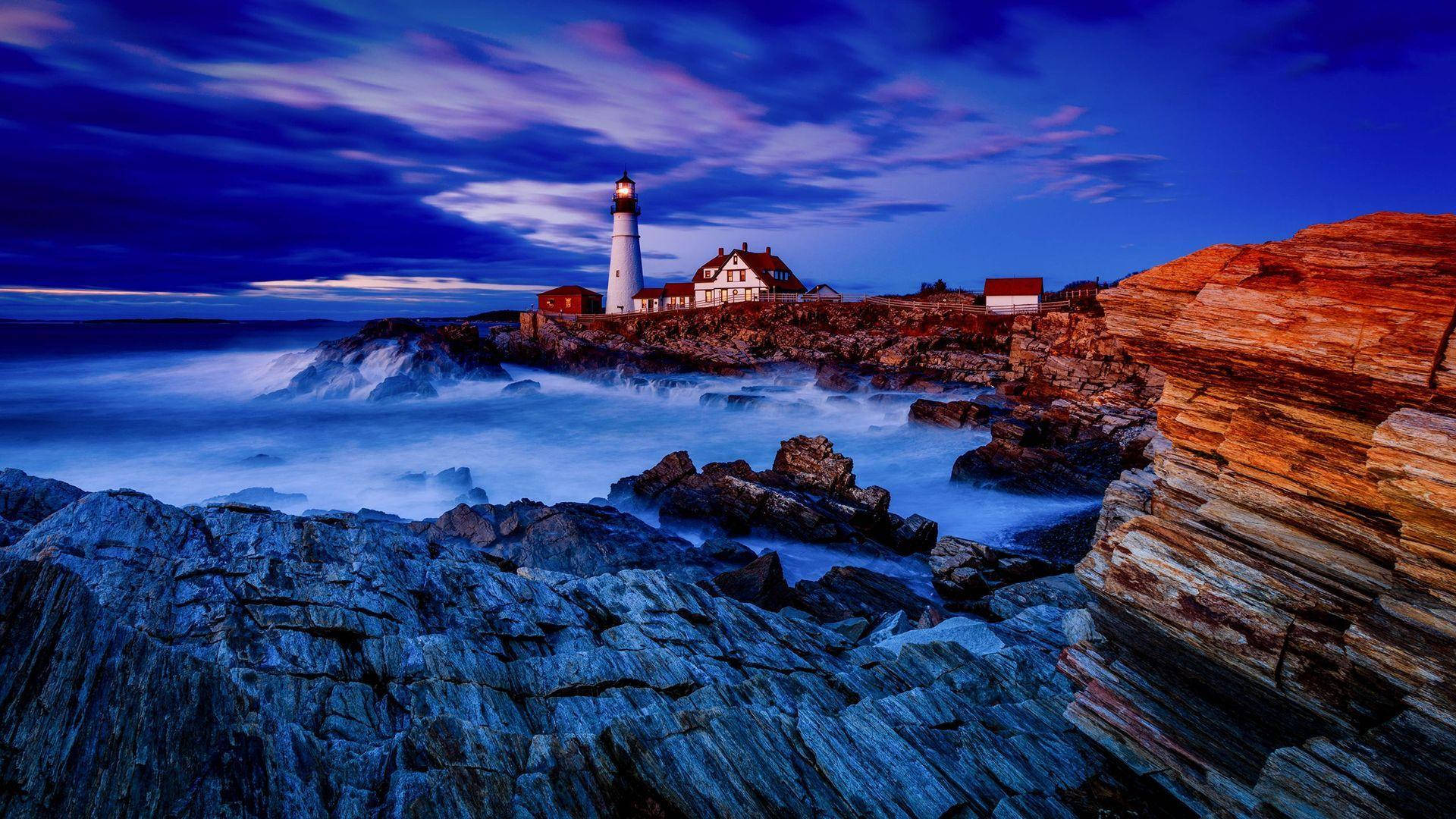 lighthouse, cliff, twilight, Full HD Desktop Wallpaper