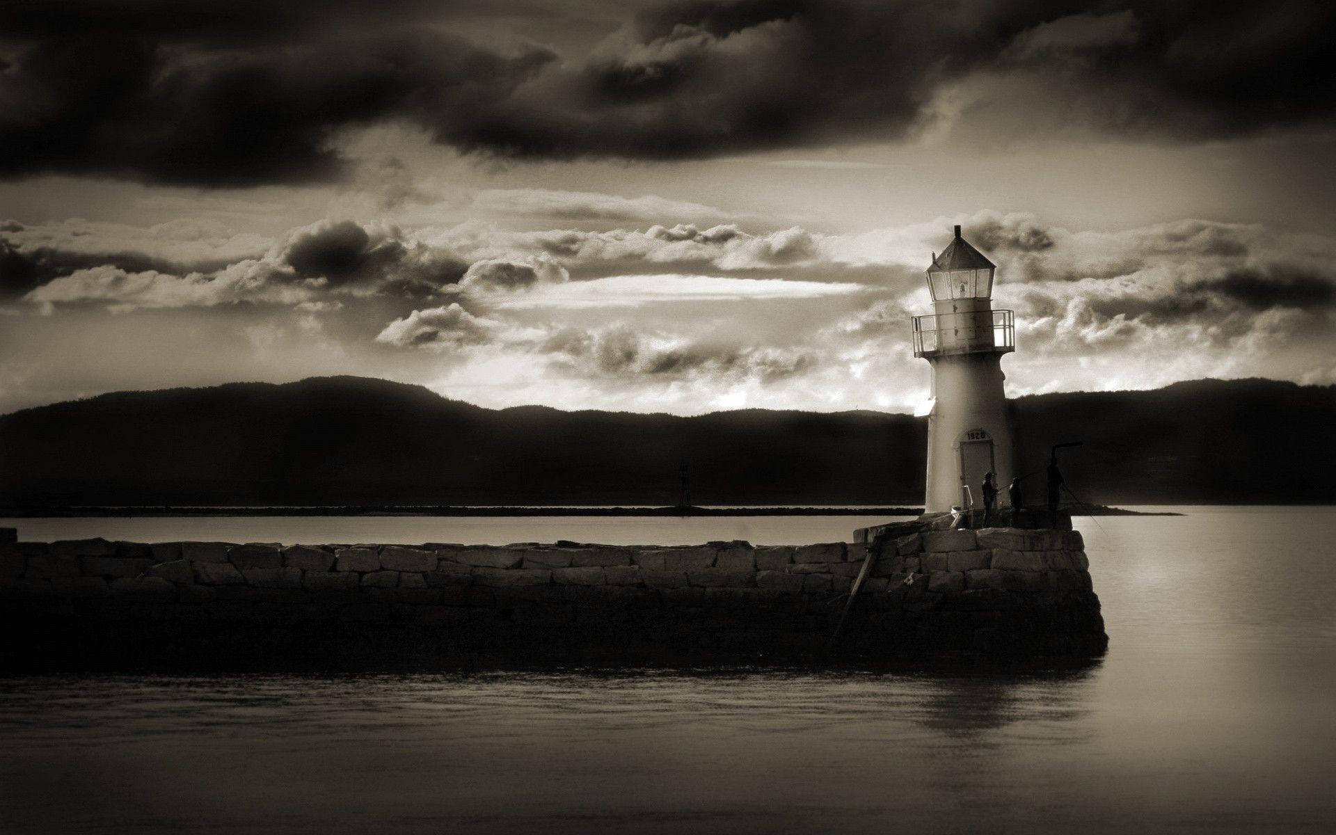 lighthouse, stone pier, cloudy sky, Full HD Desktop Wallpaper