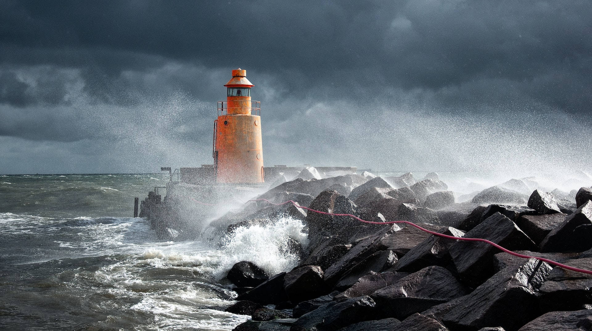Lighthouse, orange, crashing waves, Full HD Desktop Wallpaper