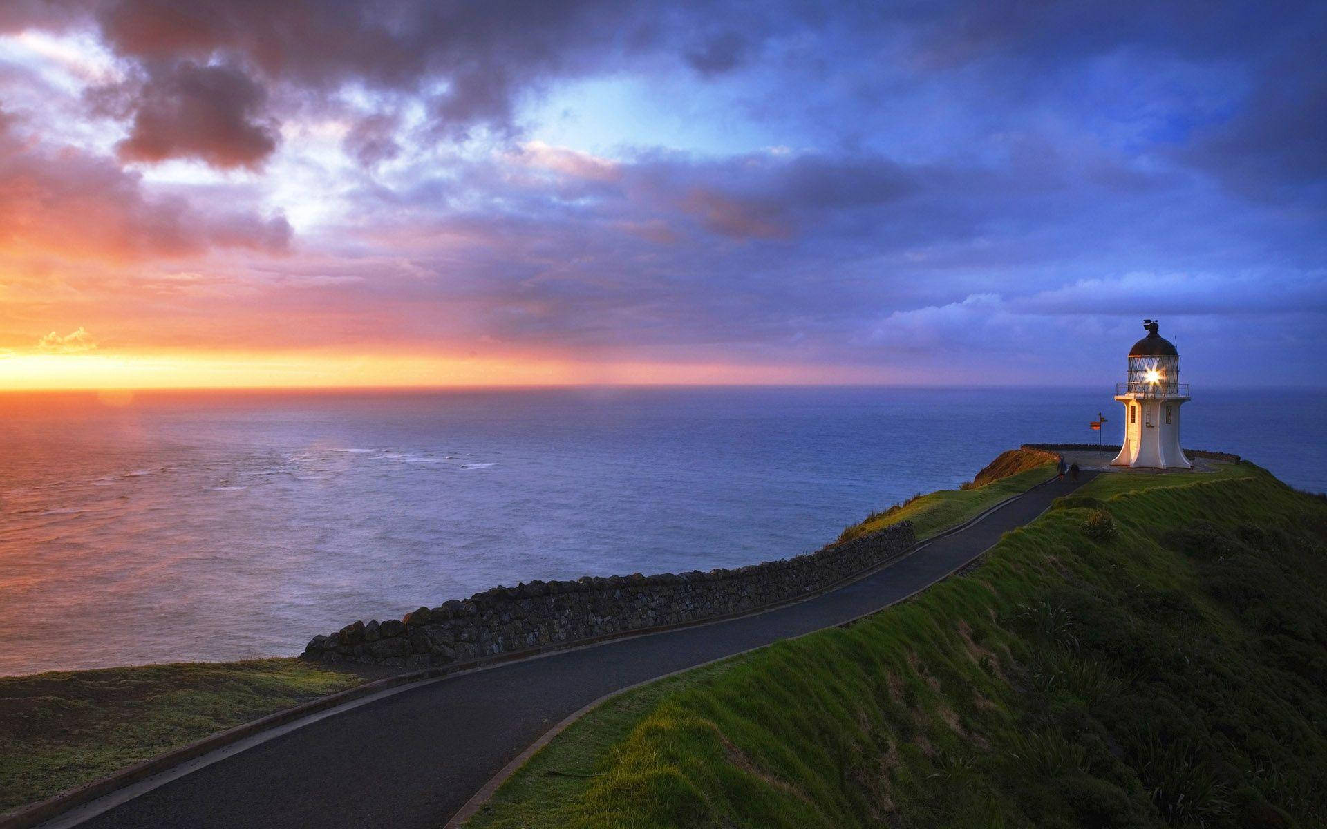 lighthouse, mountain, sunset, Full HD Desktop Wallpaper