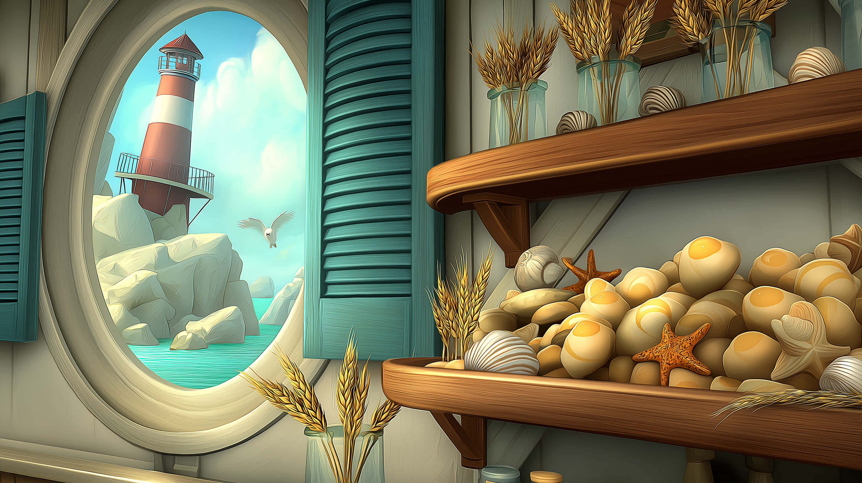 lighthouse, ocean view, round window, 2K Desktop Wallpaper