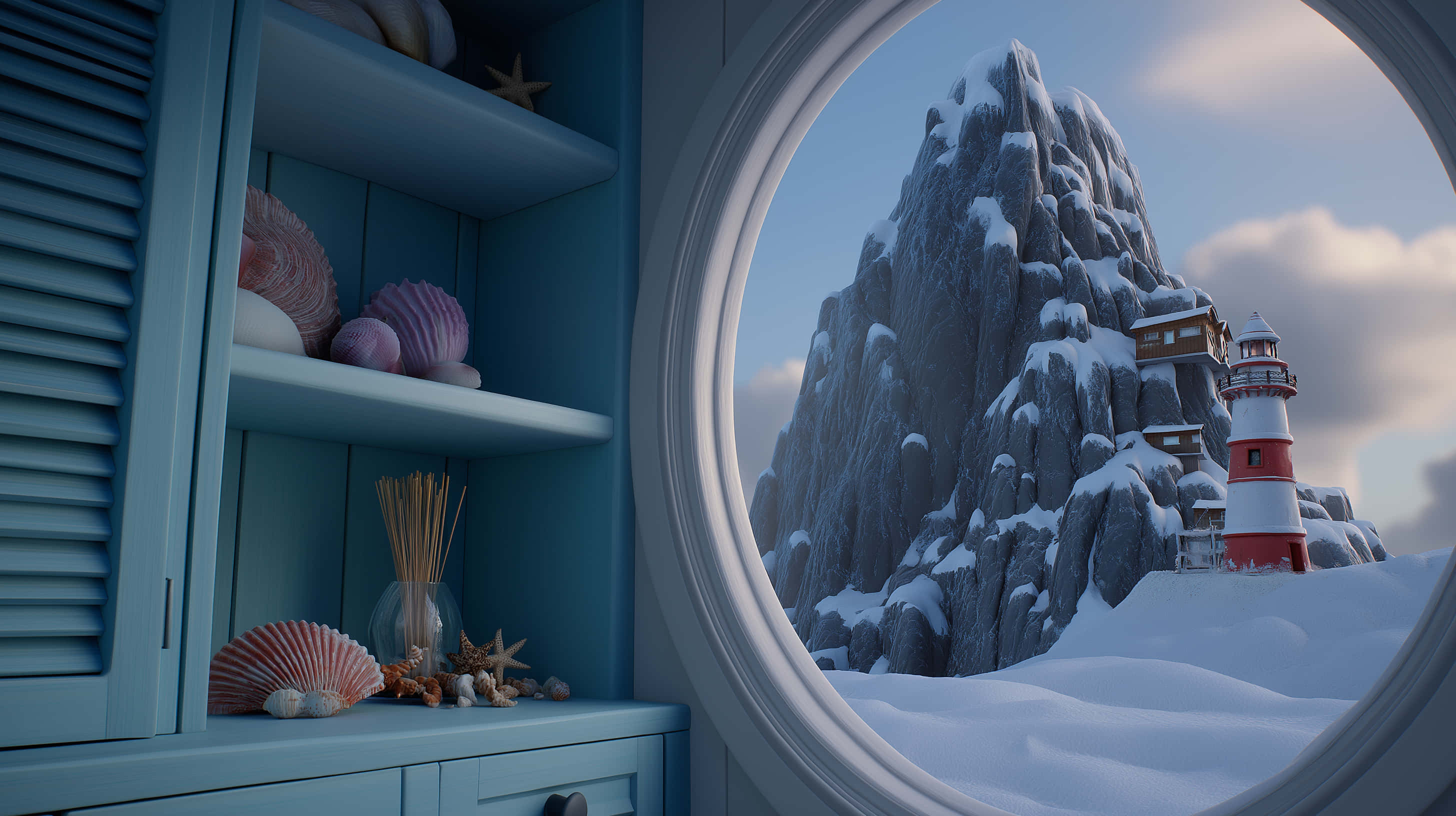 porthole, snow covered peak, lighthouse, 2K Desktop Wallpaper