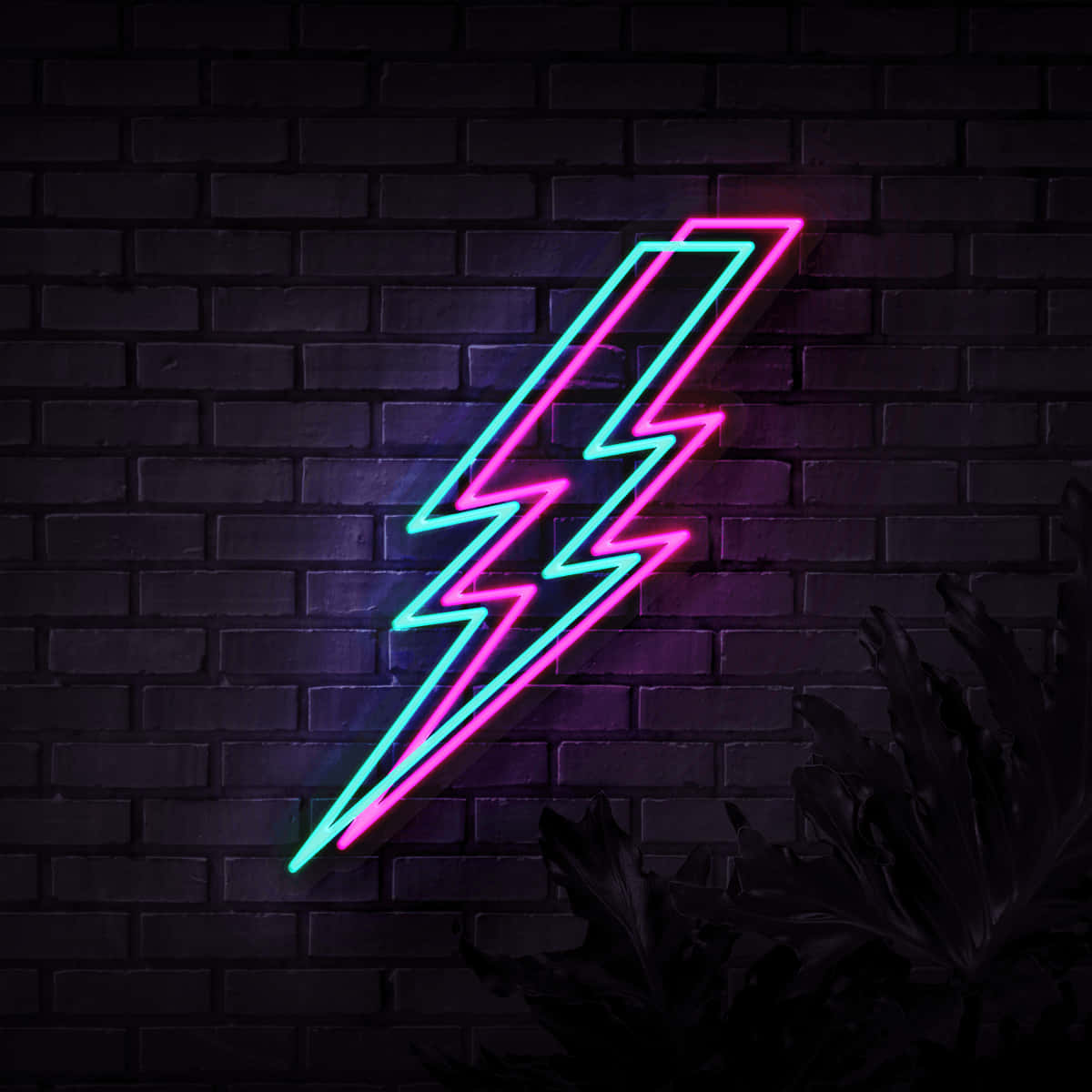 neon lightning bolt, pink and cyan, dark brick wall, SD Desktop Wallpaper