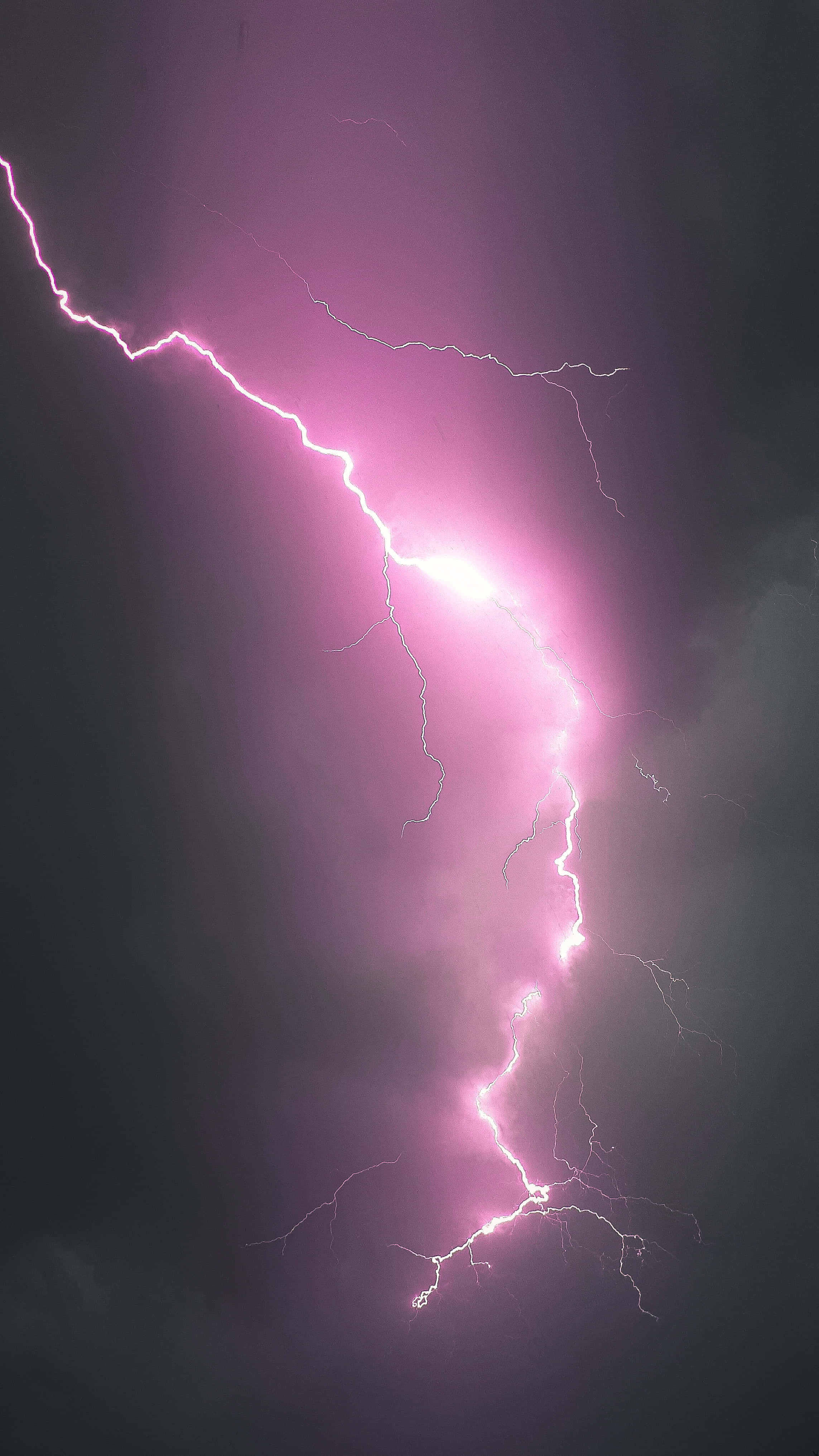 pinkish purple lightning, vivid pink lightning bolt, dark stormy sky, 4K Phone Wallpaper