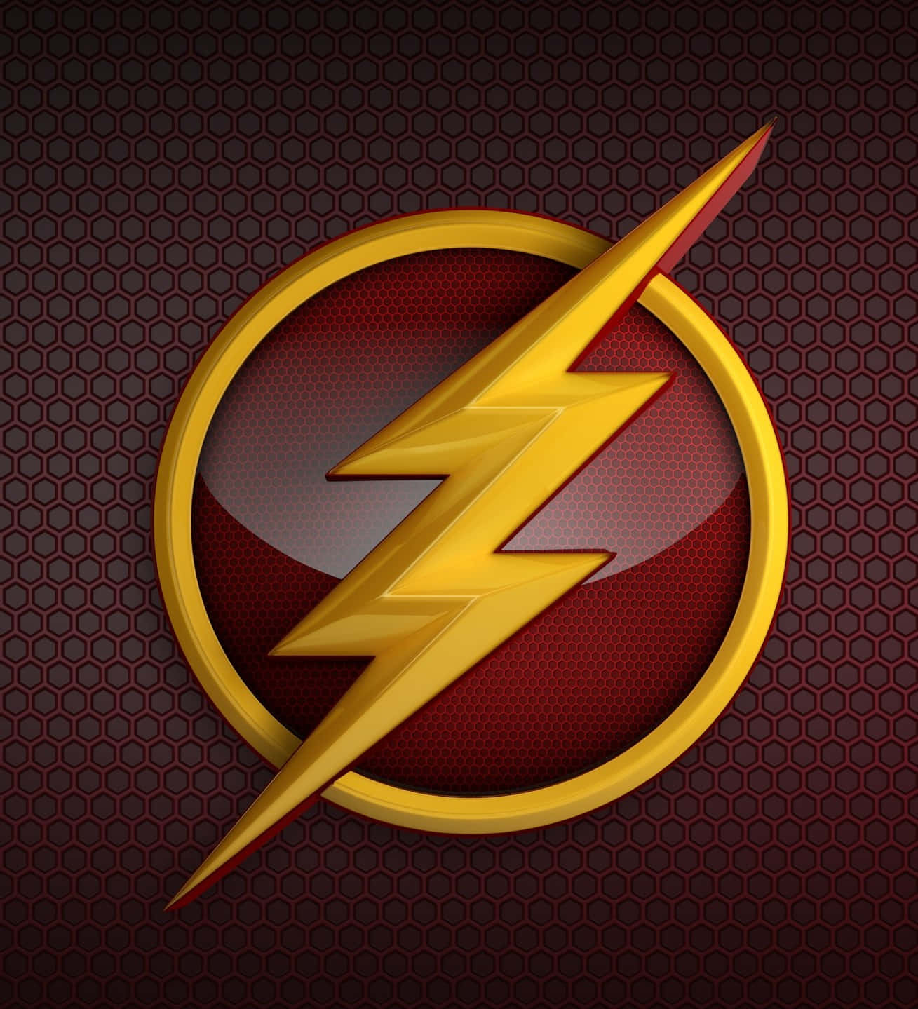 Lightning Bolt iPhone, golden lightning bolt emblem, dark red hexagonal textured background, HD Phone Wallpaper