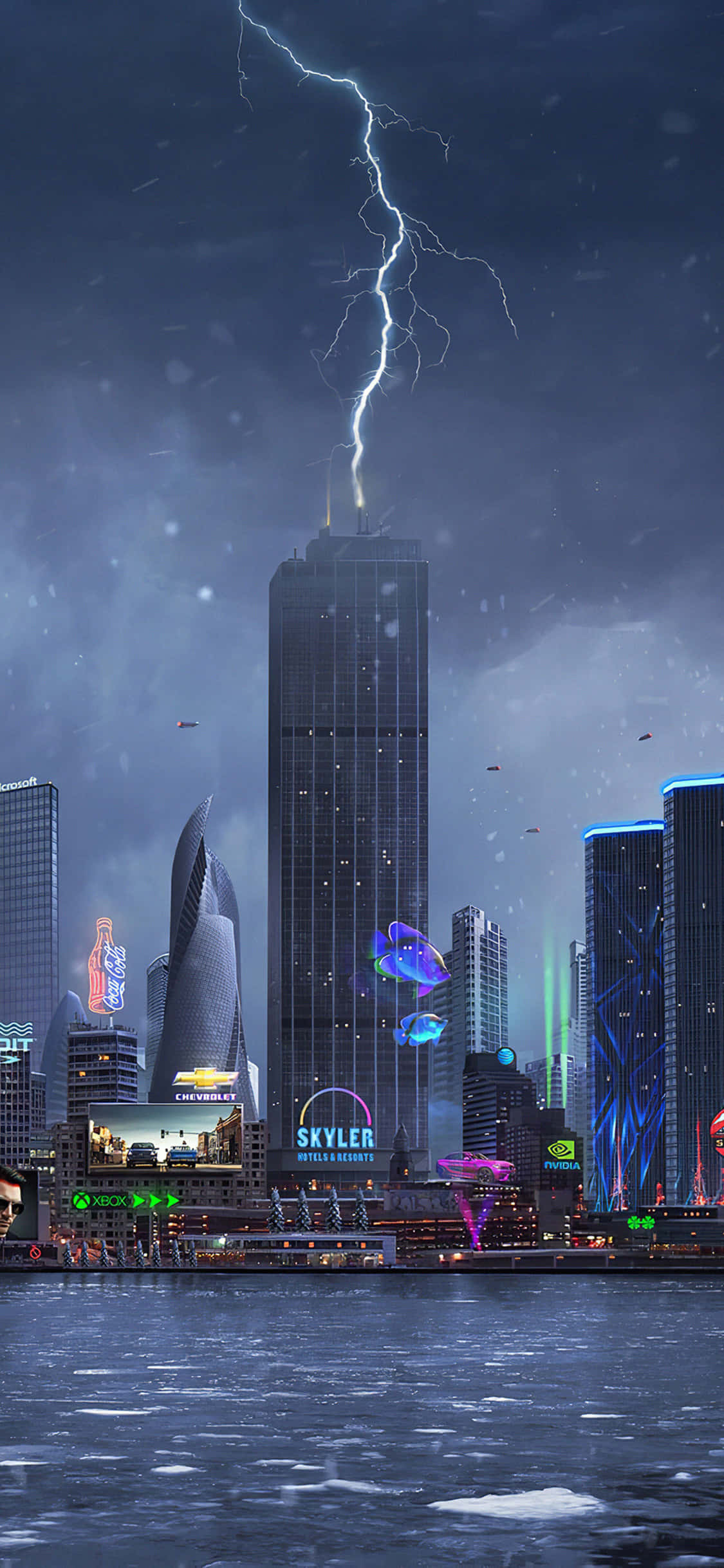 Lightning Bolt iPhone, futuristic city skyline, night, Full HD Phone Wallpaper