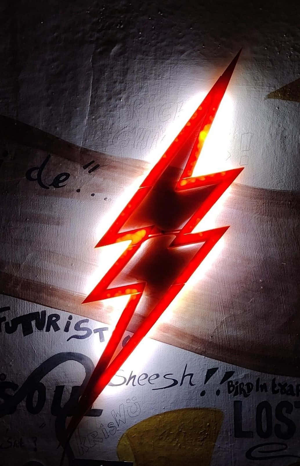 Lightning Bolt iPhone, glowing red lightning bolt sculpture, graffiti-covered wall, HD Phone Wallpaper