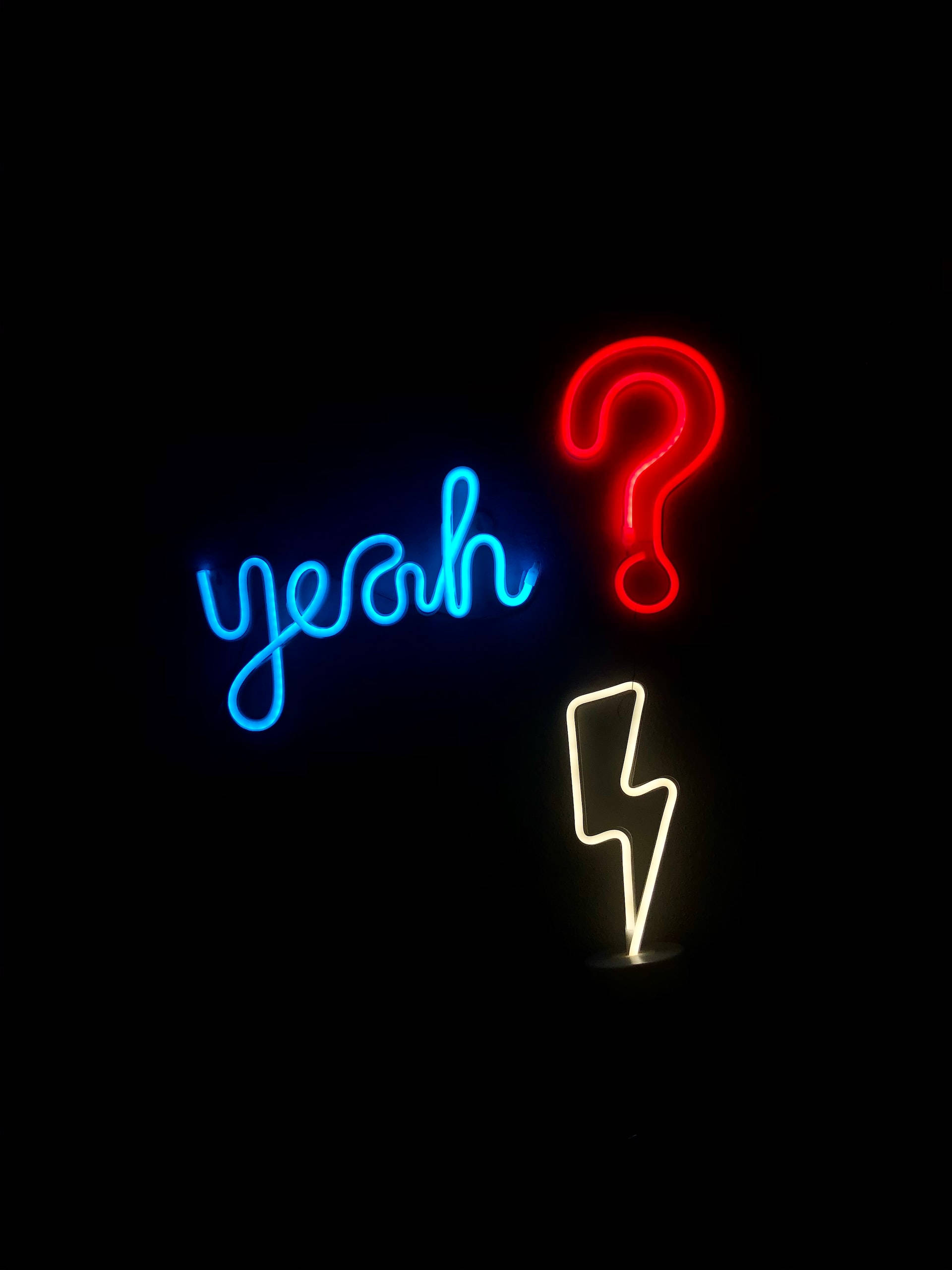 neon blue, red question mark, white lightning bolt, 2K Phone Wallpaper