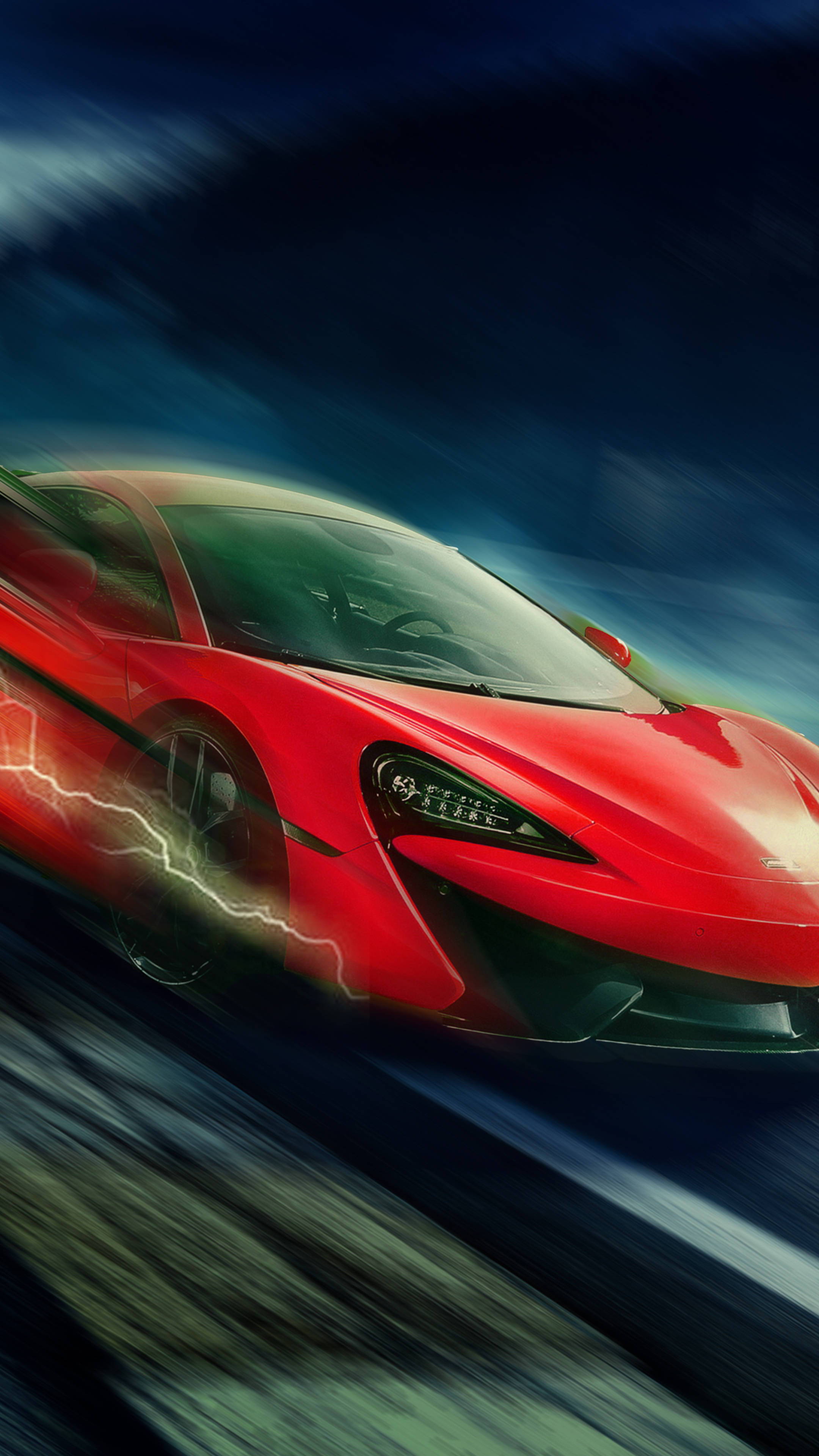 red sports car, lightning bolts, dark blue background, 4K Phone Wallpaper