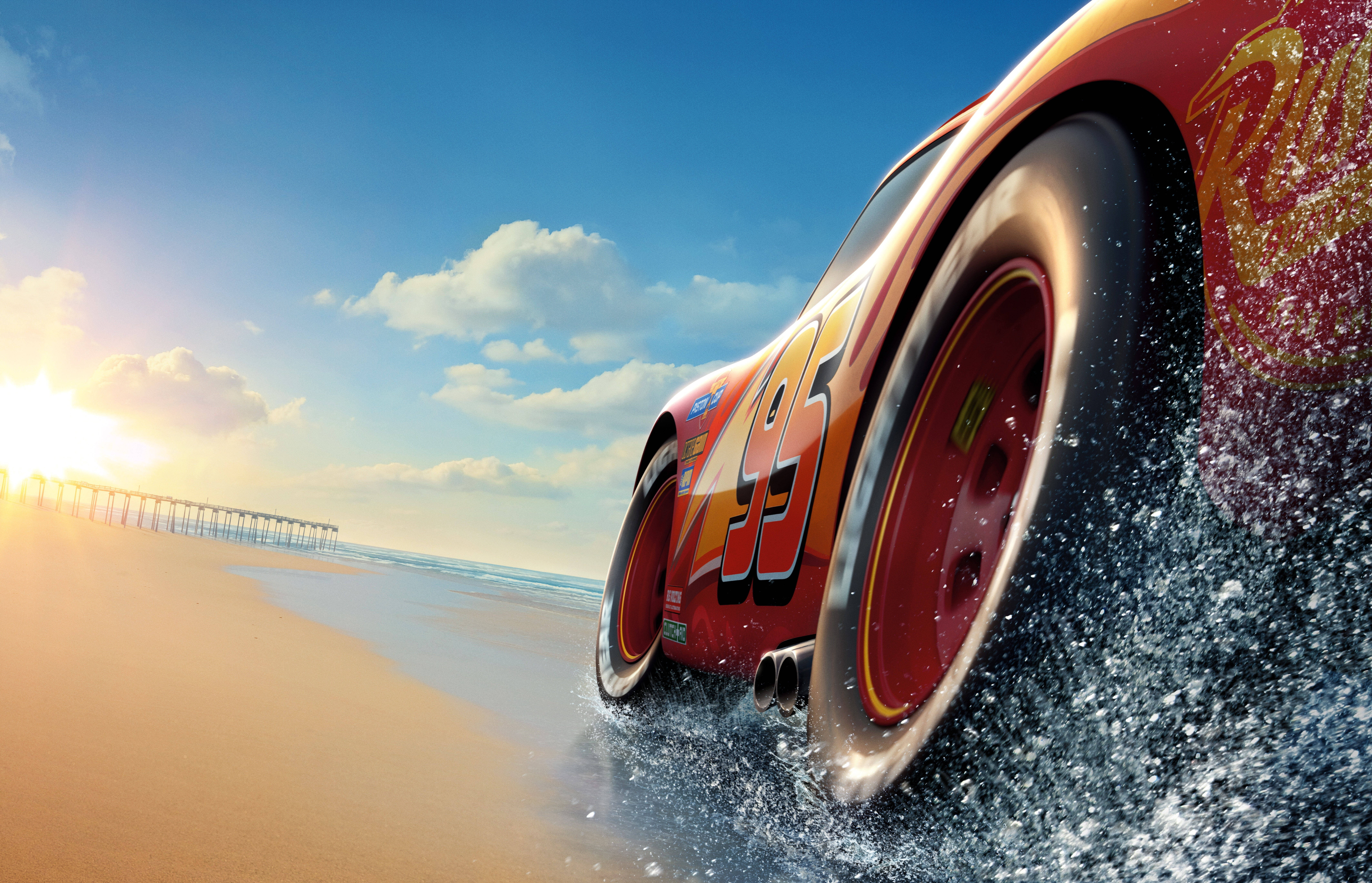 Lightning McQueen, red race car, ocean water, 8K Desktop Wallpaper