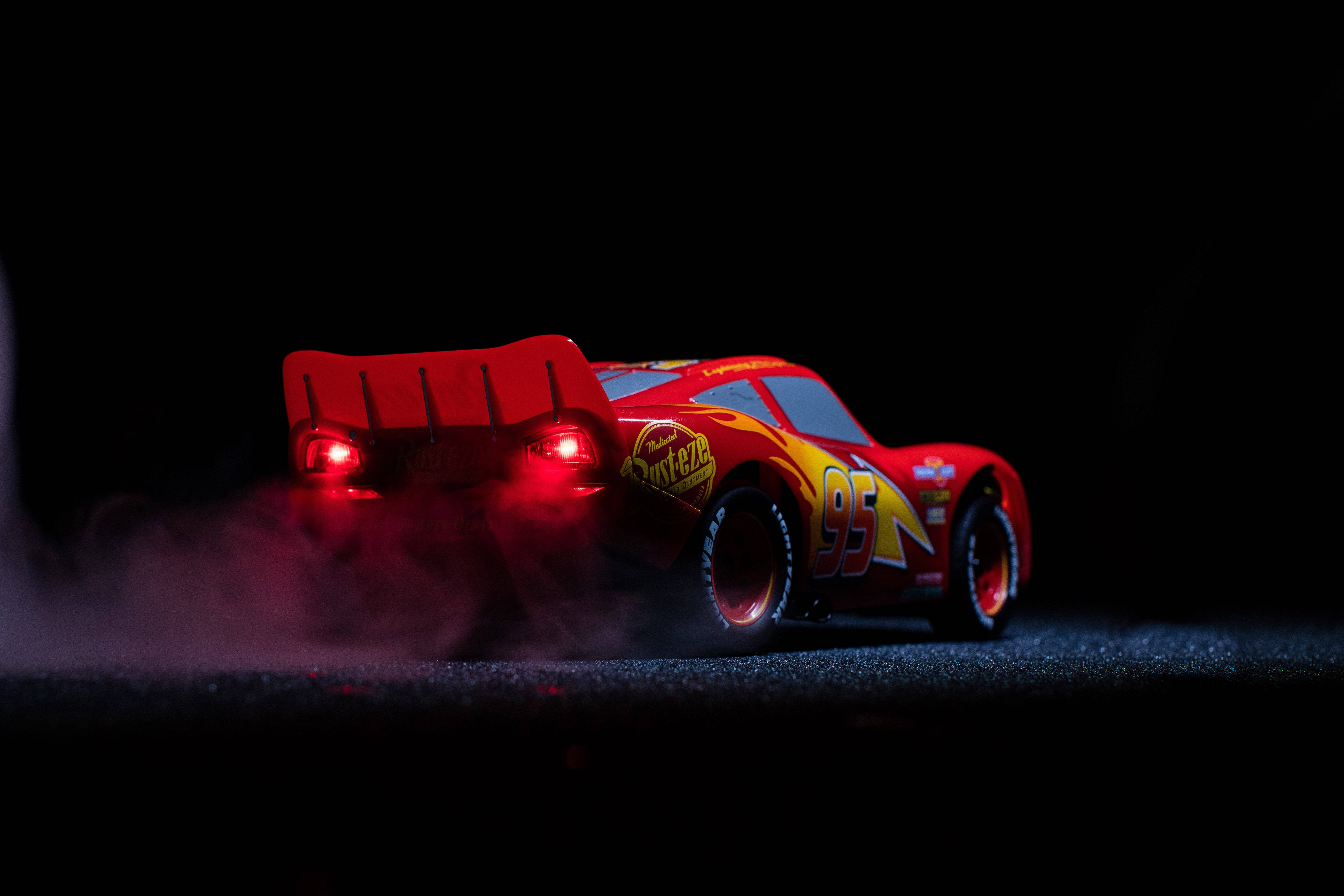 Lightning McQueen, red, glowing taillights, 8K Desktop Wallpaper