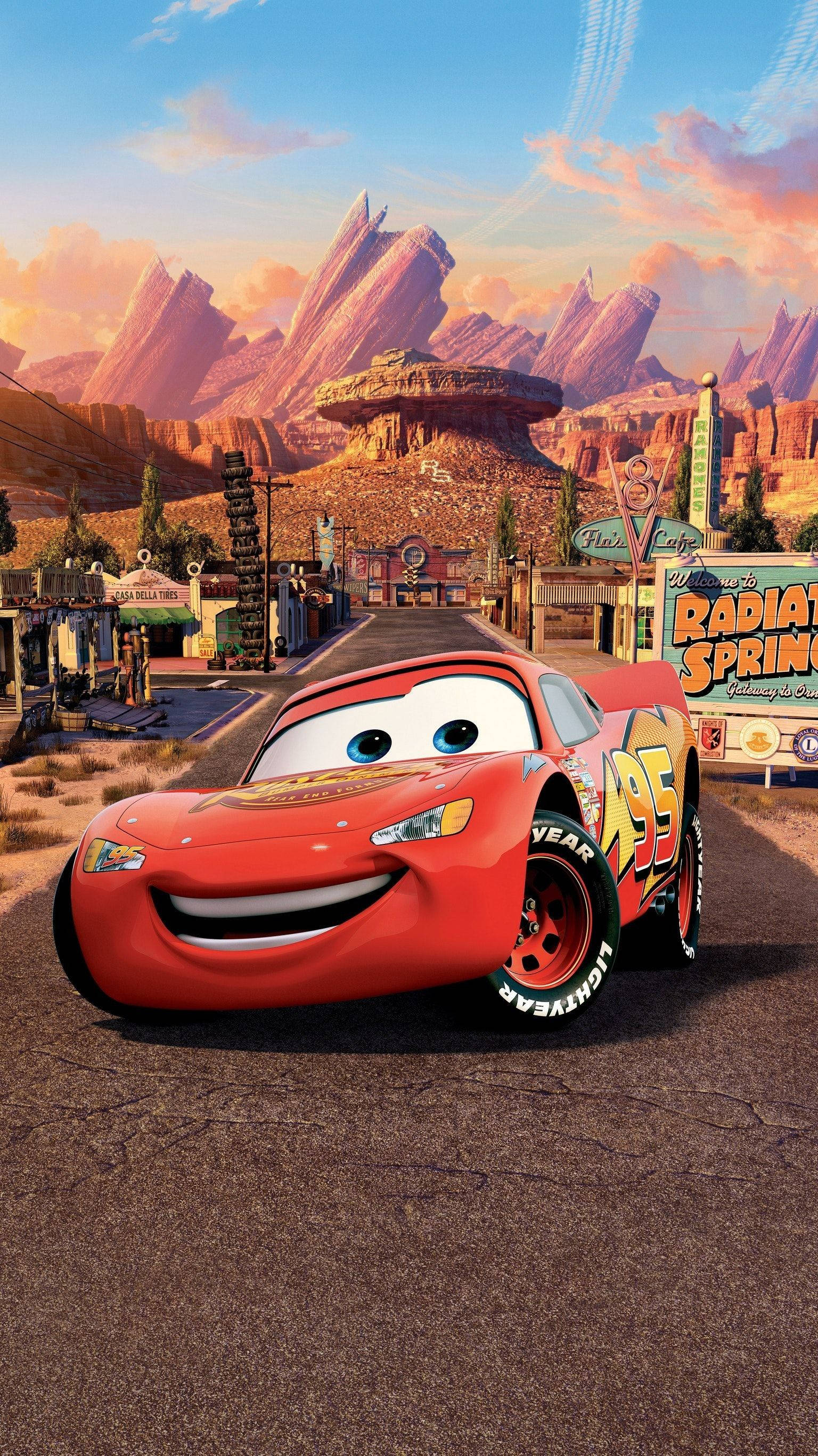 Lightning McQueen, desert town, rocky mountains, 2K Phone Wallpaper