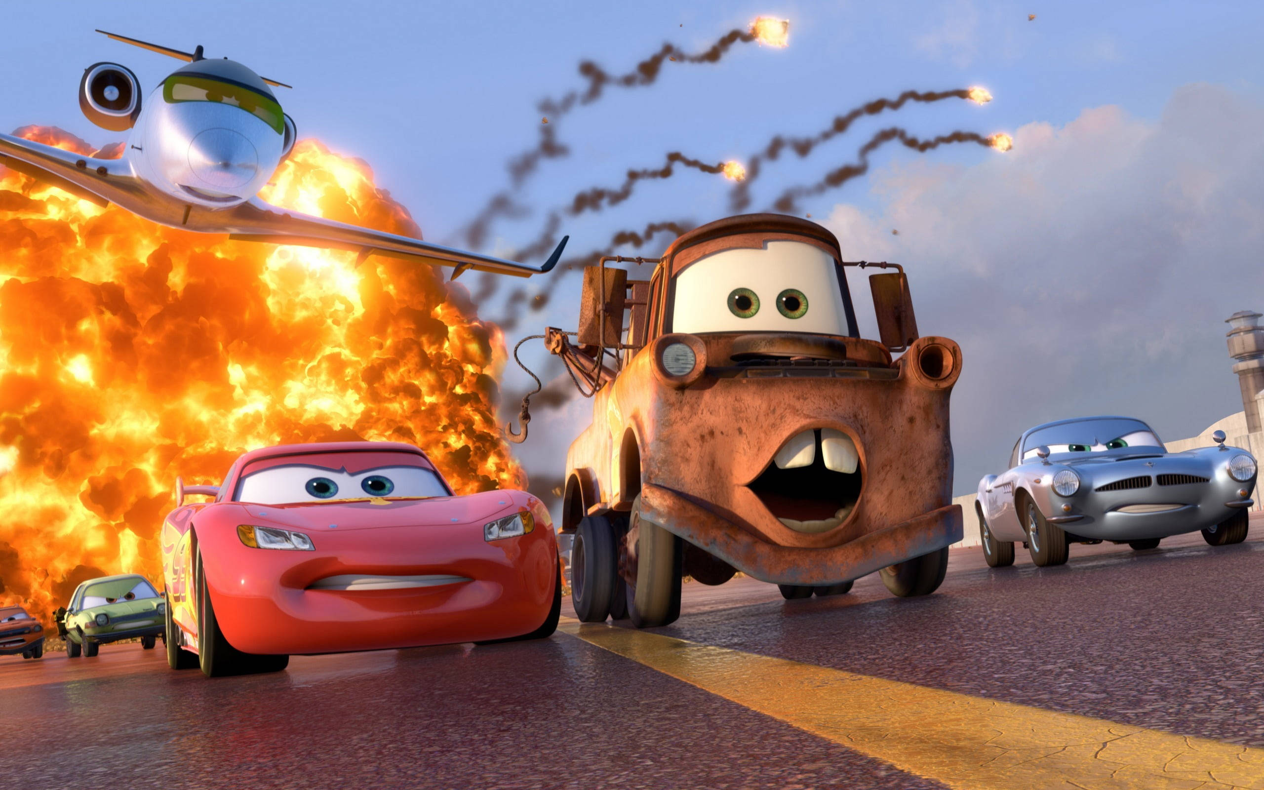 Lightning McQueen, red race car, rusty tow truck, 2K Desktop Wallpaper