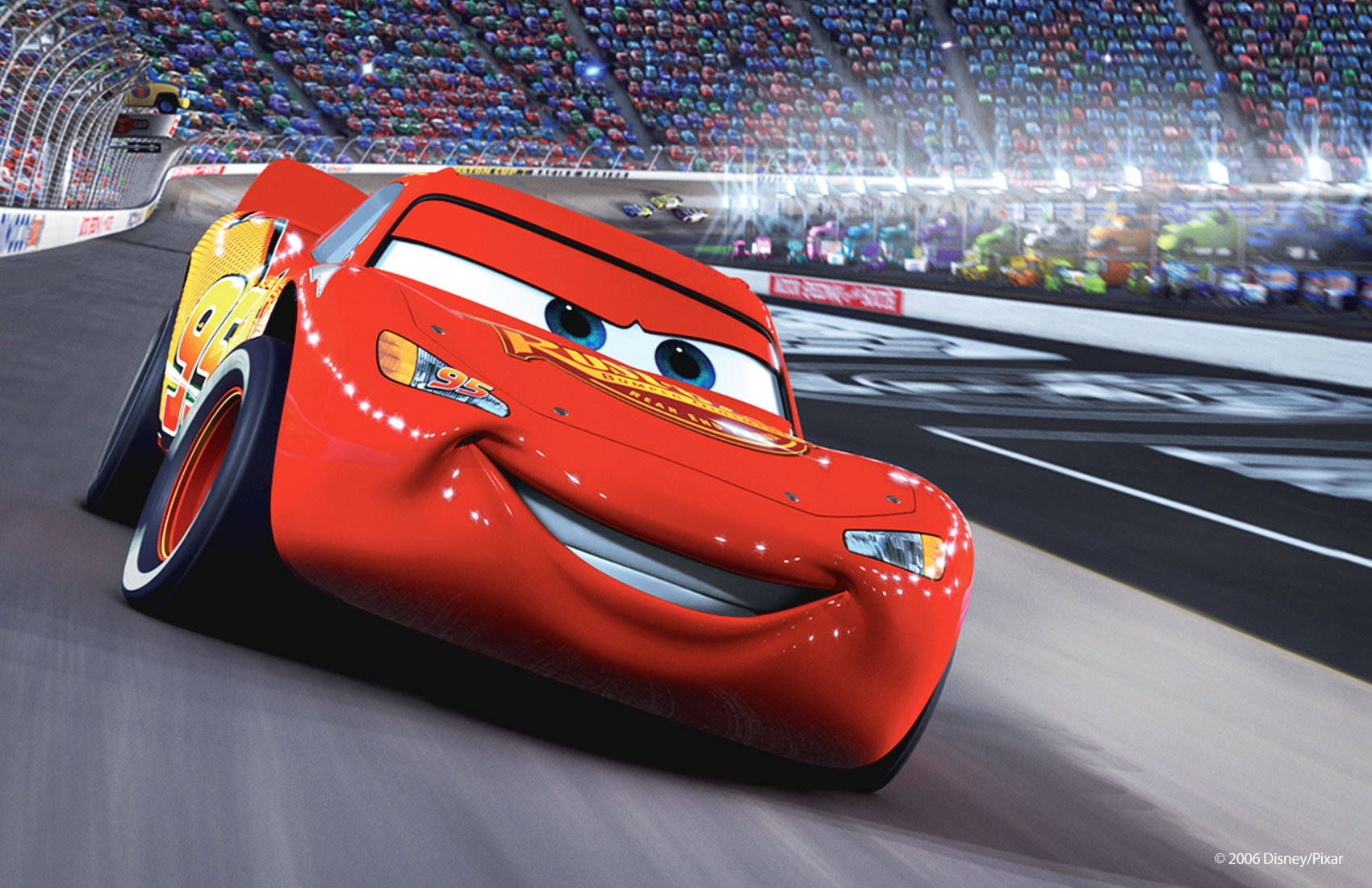 Lightning McQueen, race track, stadium lights, HD Desktop Wallpaper