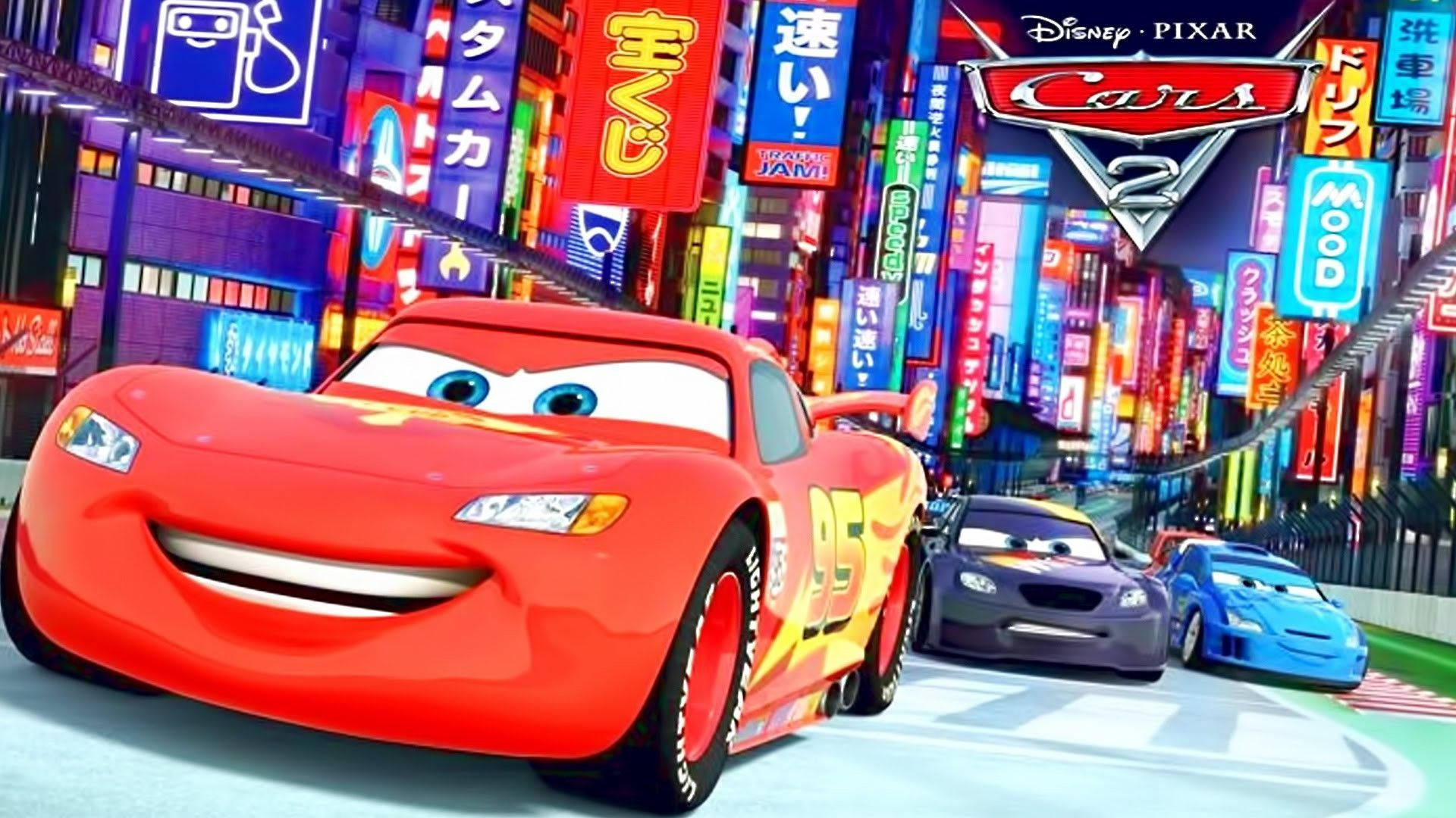 Lightning McQueen, neon-lit Tokyo-style cityscape, night, Full HD Desktop Wallpaper