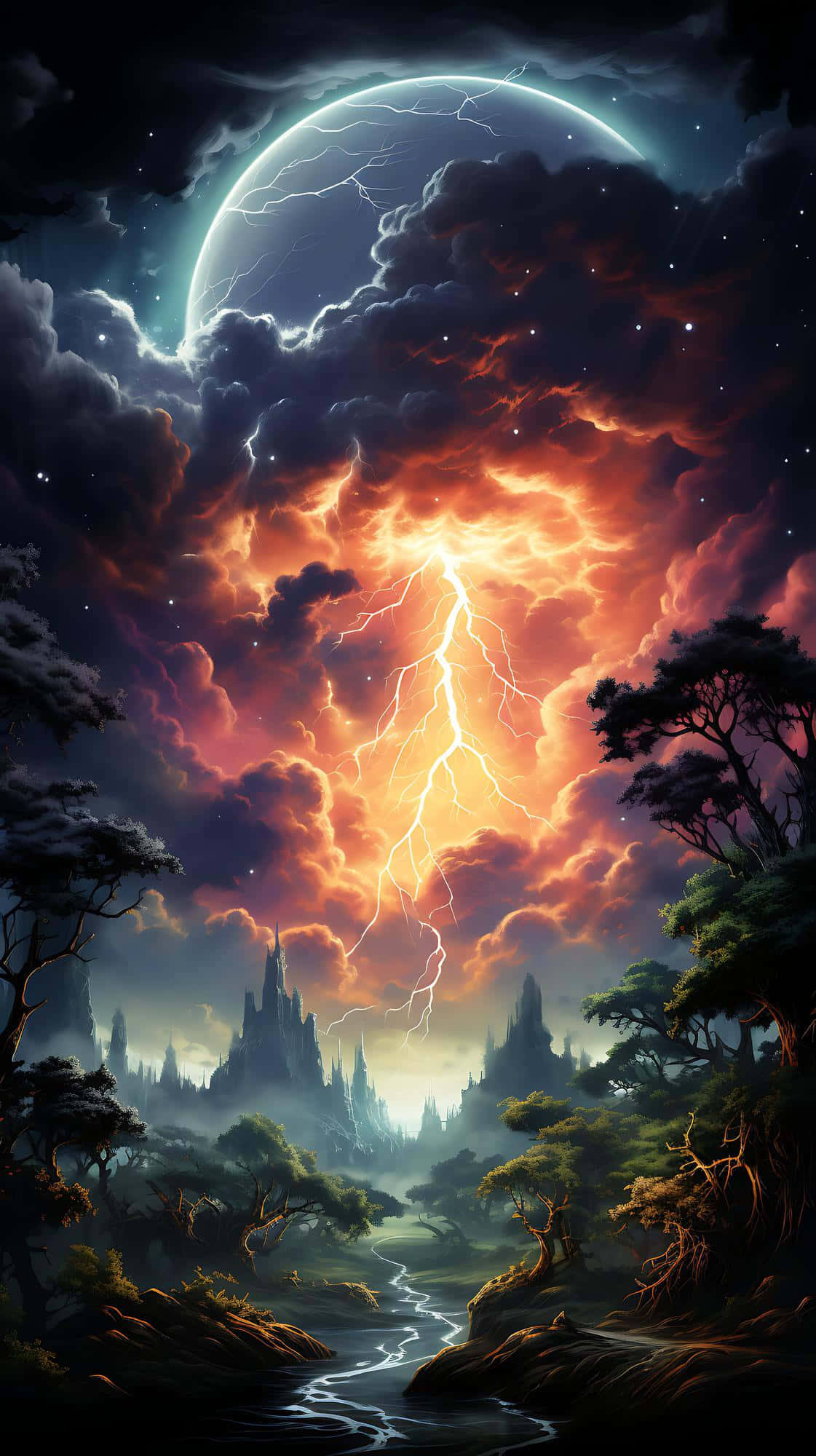 glowing crescent moon, lightning striking, misty river valley, Full HD Phone Wallpaper