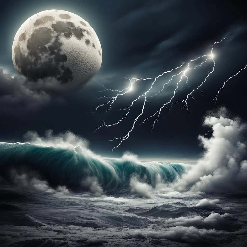 majestic moonlight stormat sea, colossal moon, stormy ocean, SD Desktop Wallpaper