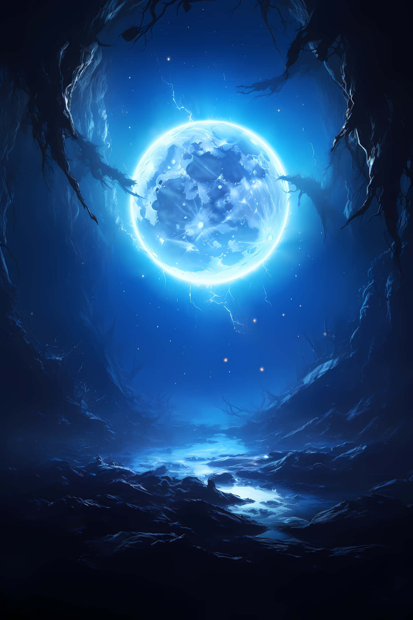 glowing blue moon, electric energy, dark cavernous forest, Full HD Phone Wallpaper