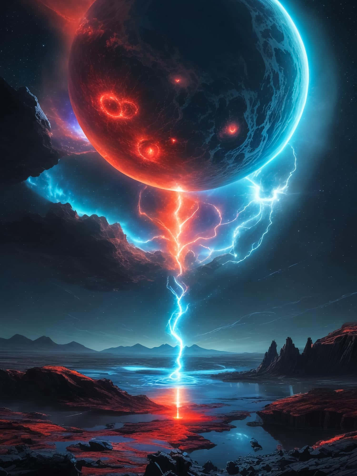 Cosmic Lightning Storm Moon, alien lake, split planet, Full HD Phone Wallpaper