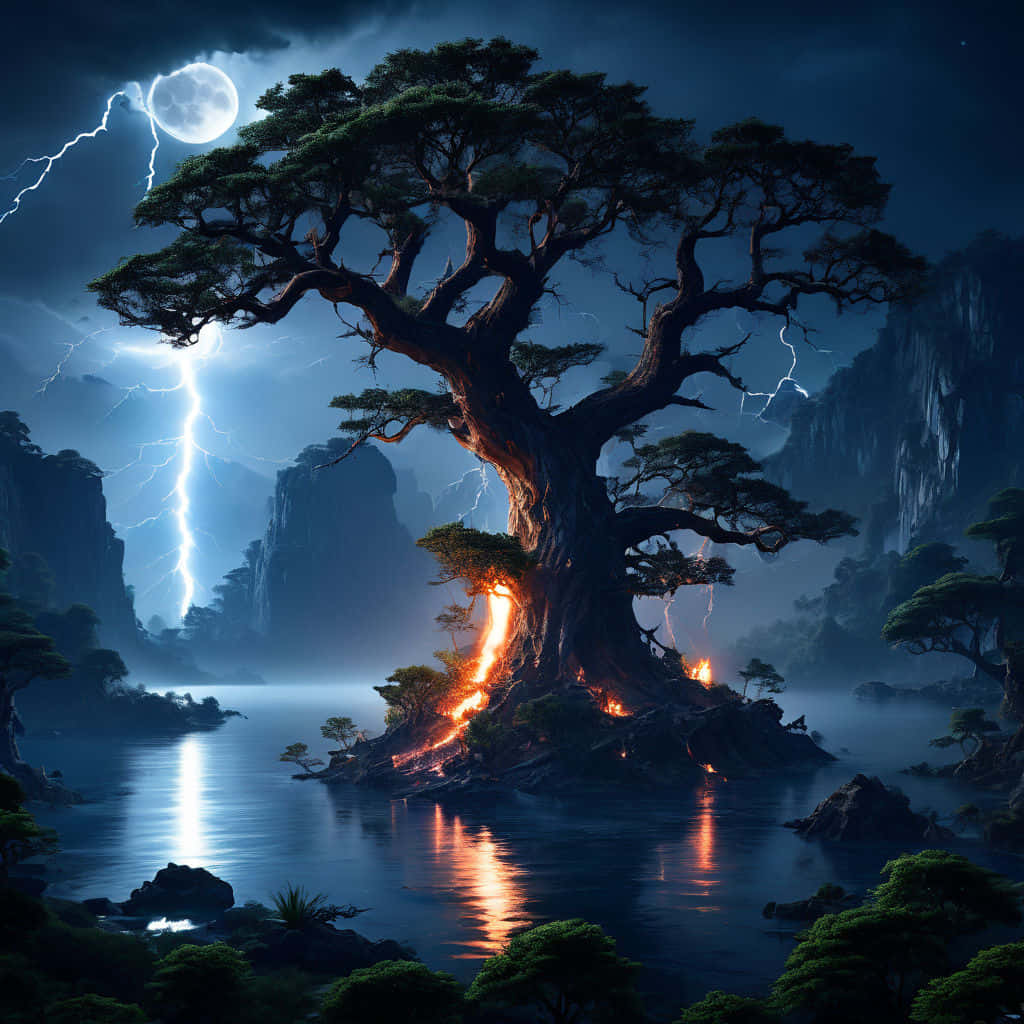 Mystical Tree Lightning Moon, colossal ancient tree, misty island, SD Desktop Wallpaper