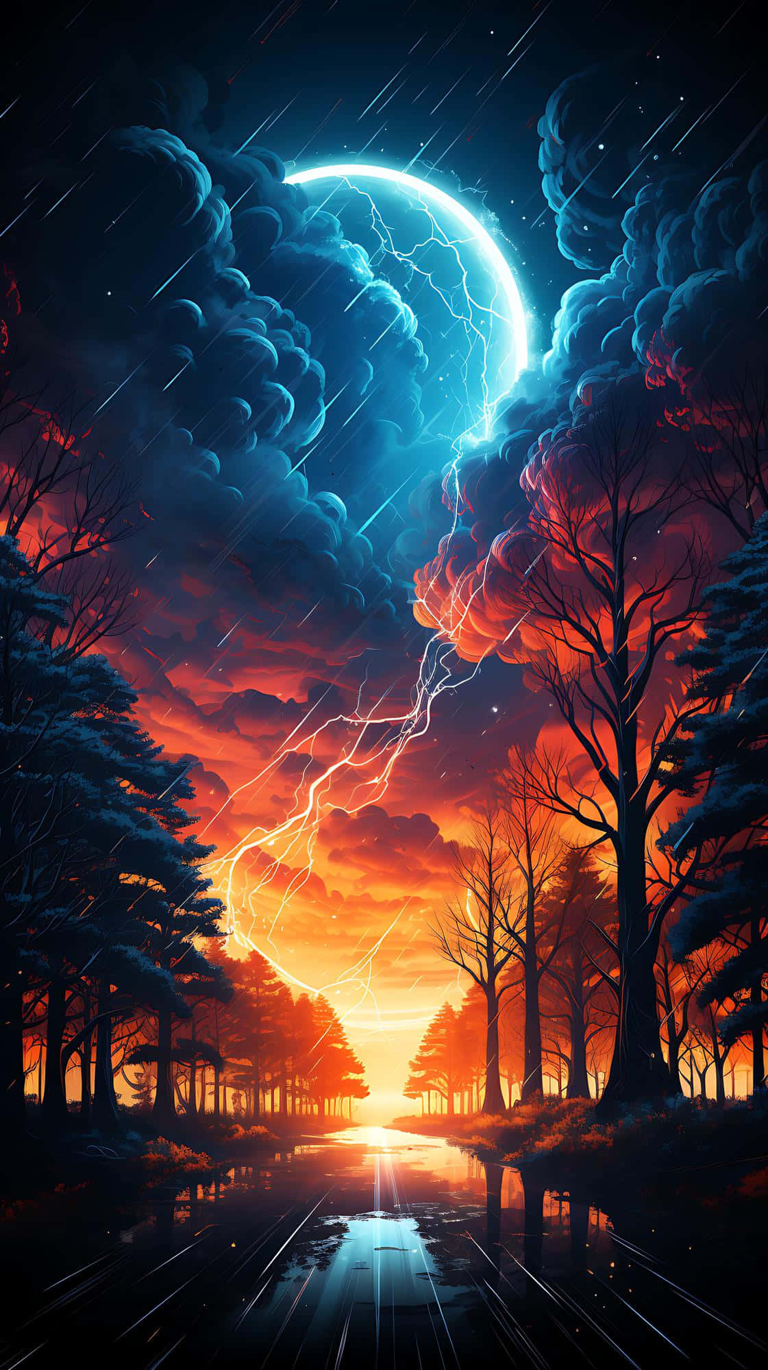 crescent moon, electric blue lightning, storm clouds, Full HD Phone Wallpaper